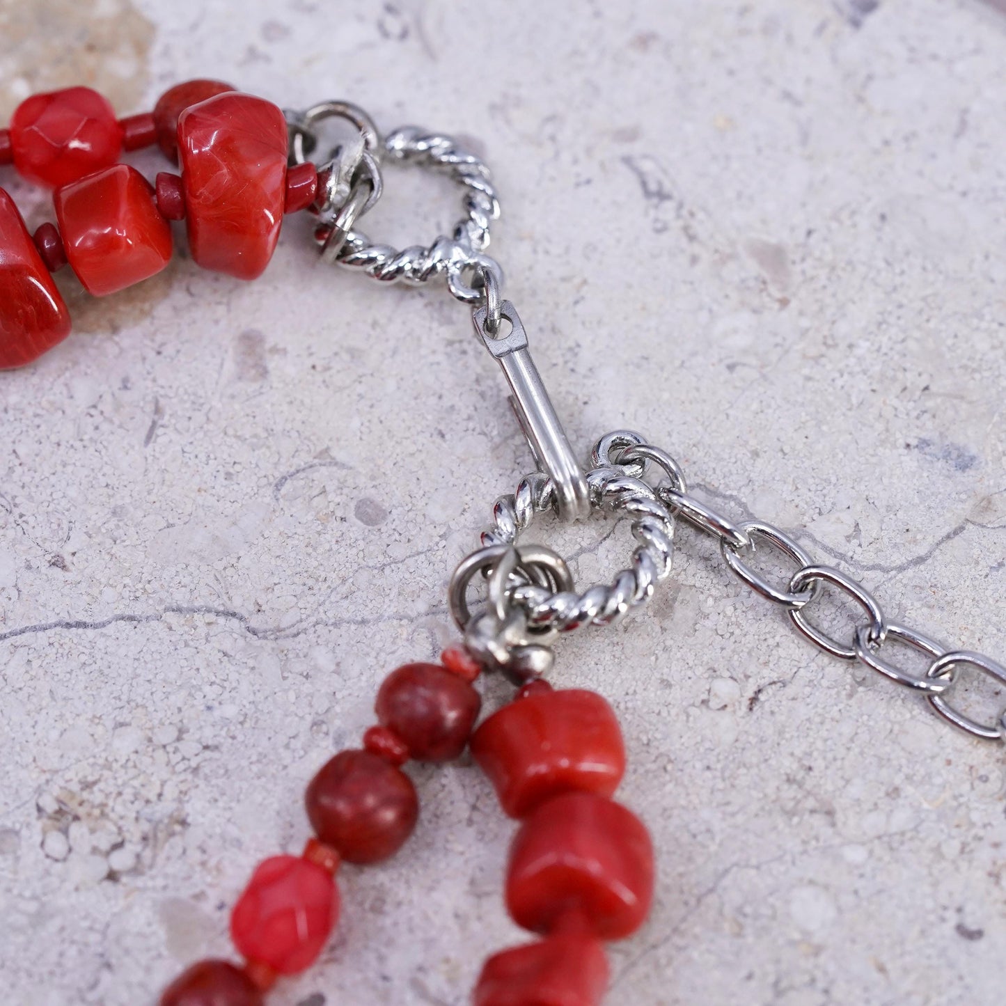 16+3", silver tone necklace, double strands coral beads necklace pendant