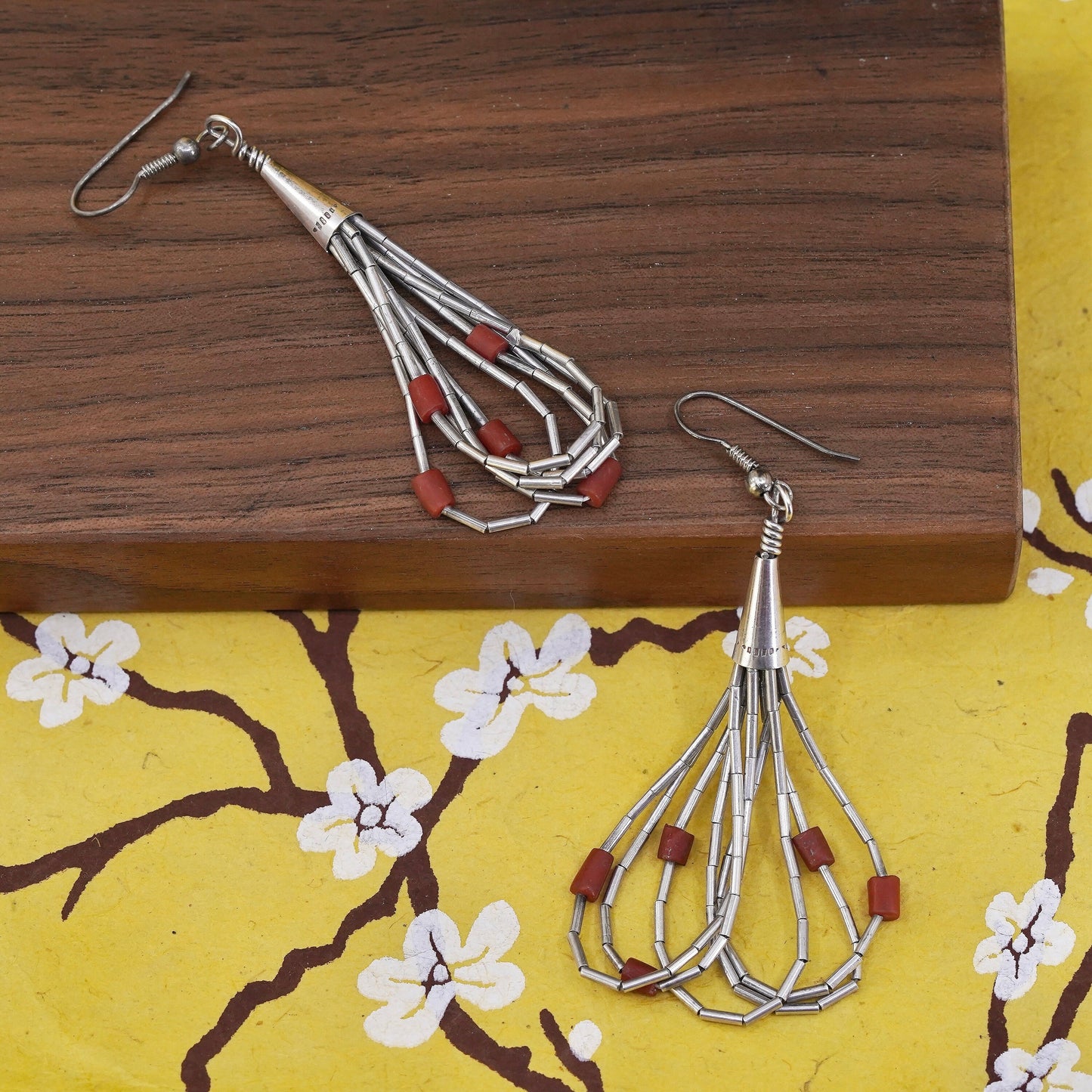 Native American southwestern Sterling 925 earrings, Mexican liquid silver coral