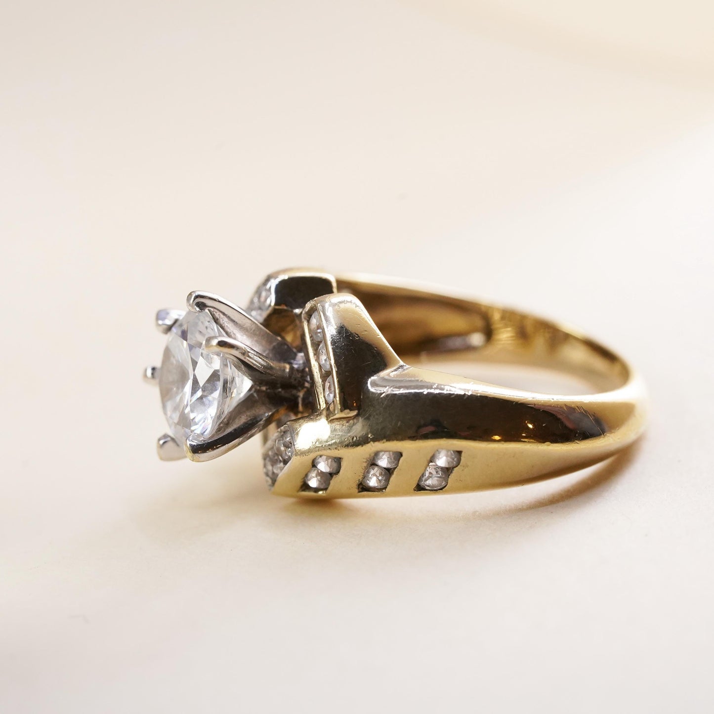 Size 7.25, Vintage gold over sterling silver CZ ring, 925, engagement ring