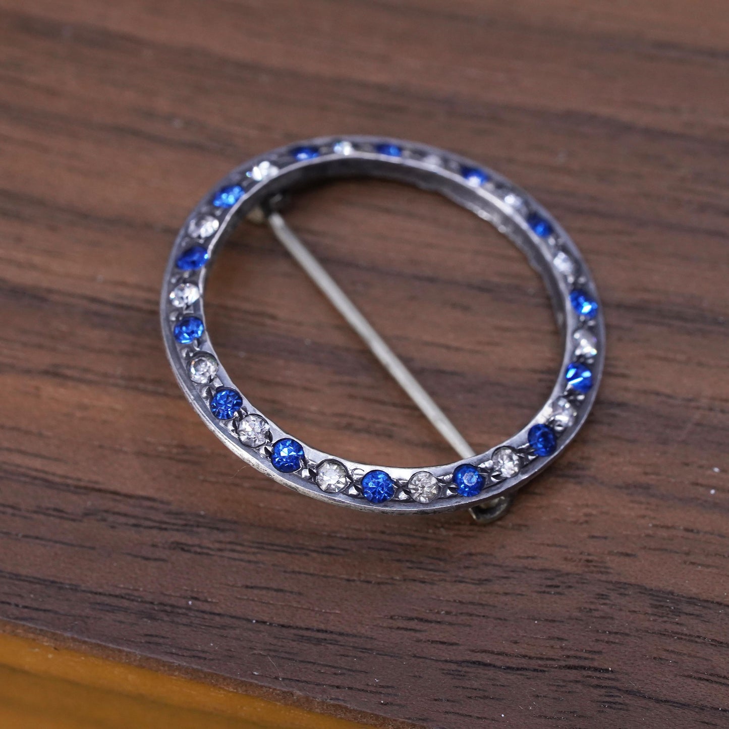 Vintage sterling 925 silver handmade circle brooch with crystal