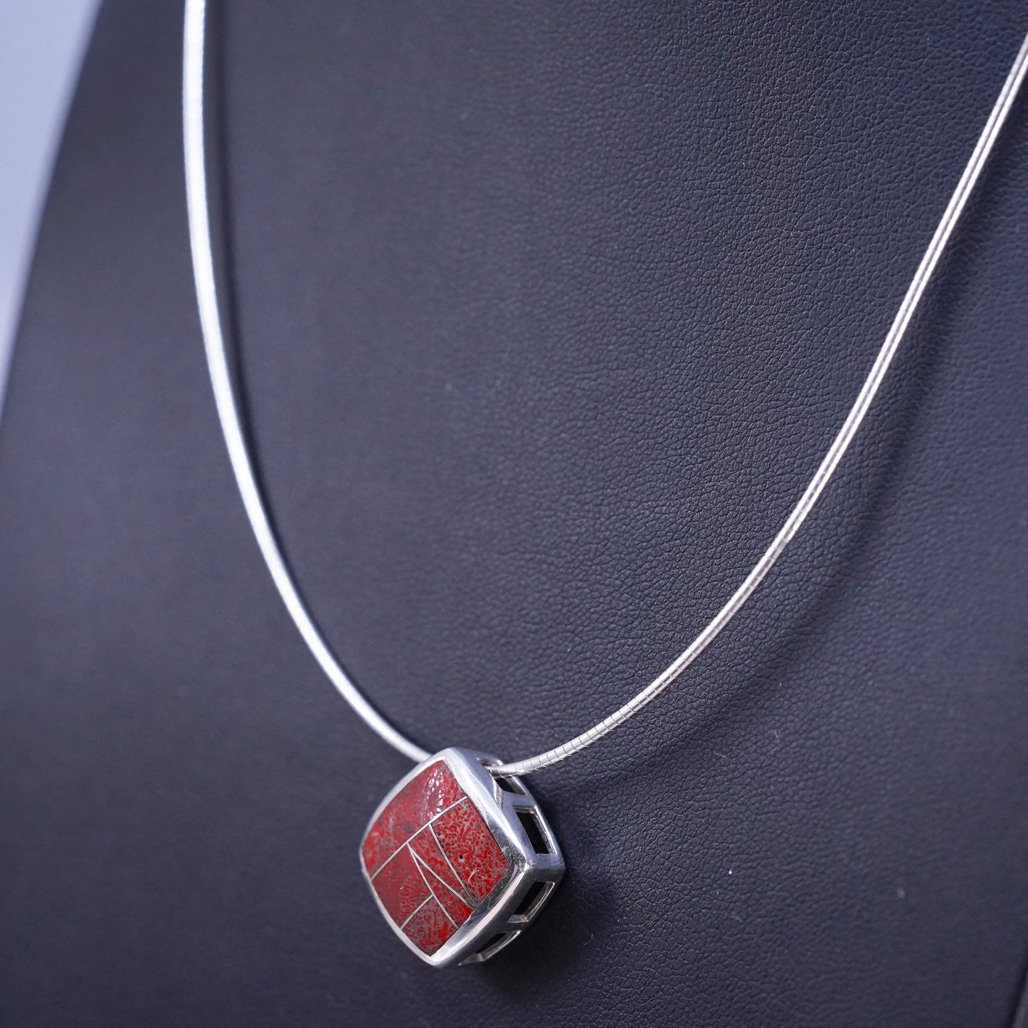 18”, Native American Sterling 925 silver snake necklace square pendant coral