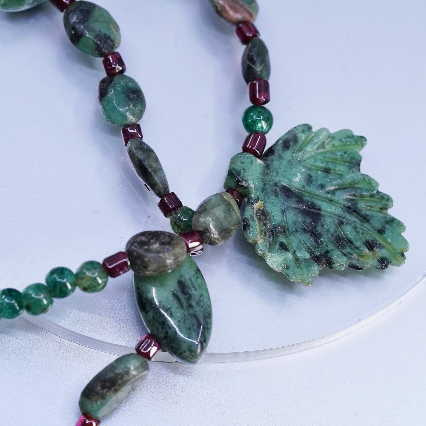 18", vintage Sterling 925 silver necklace carved Ruby in Zoisite leaves beads