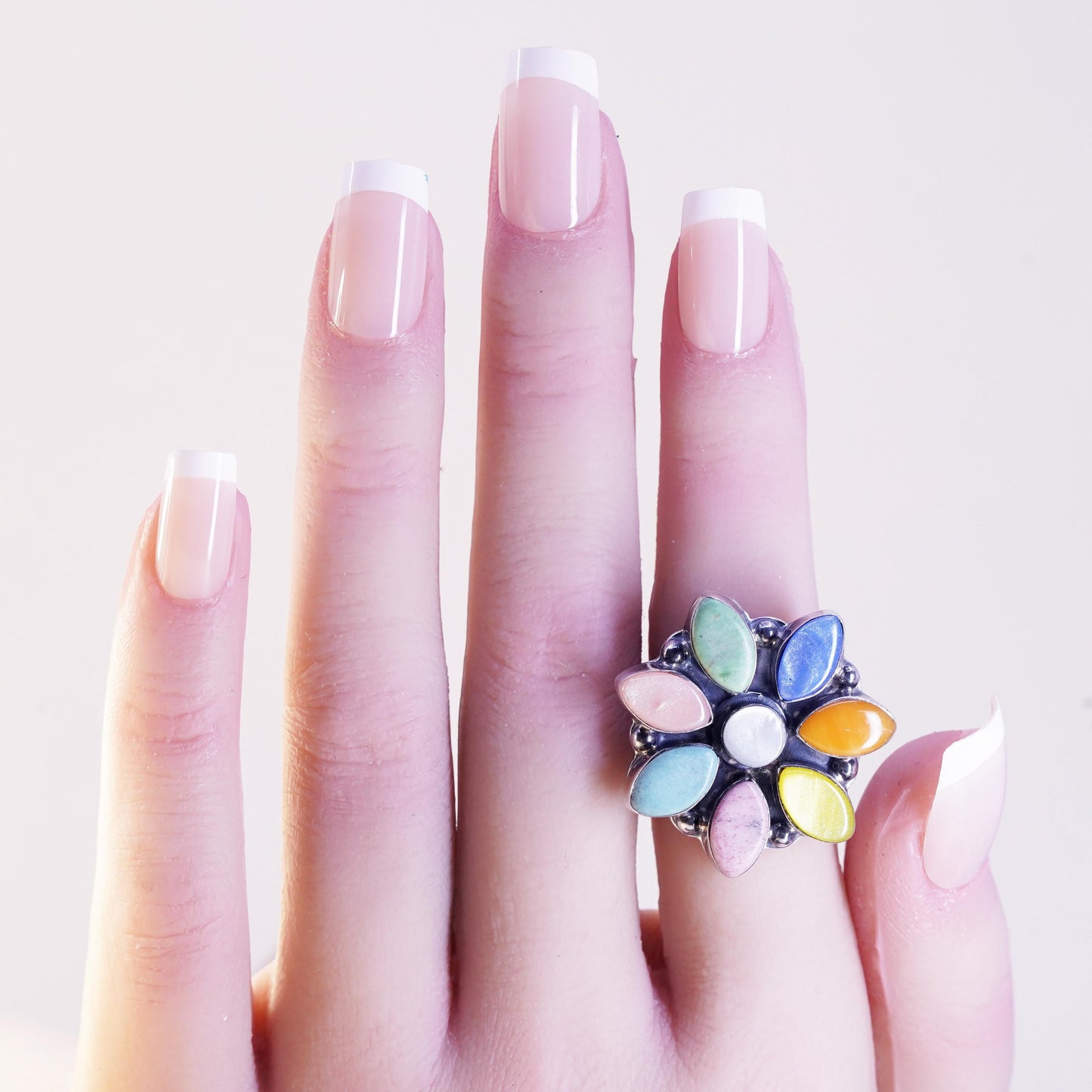 Size adjustable, Sterling 925 Silver Multi Gemstone Flower Ring, Jade Agate