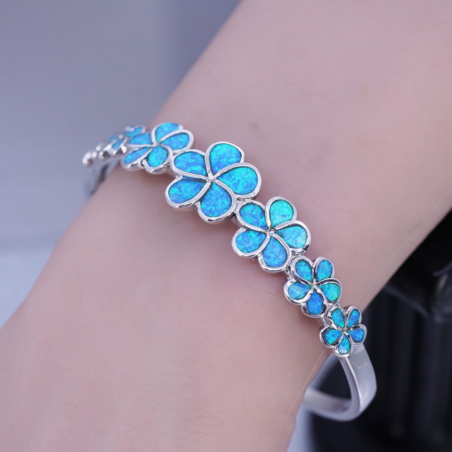 7.5”, vintage Sterling 925 silver handmade plumeria bracelet, cuff blue opal