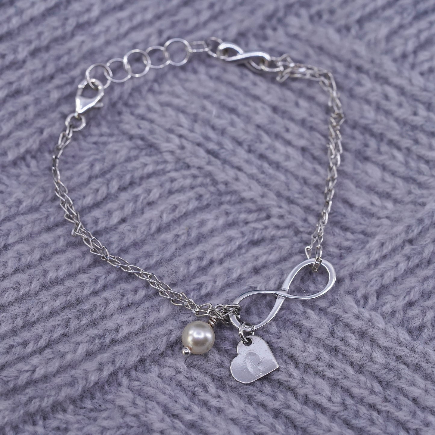 6.5+1", Sterling silver bracelet, double strands 925 circle chain infinity loop