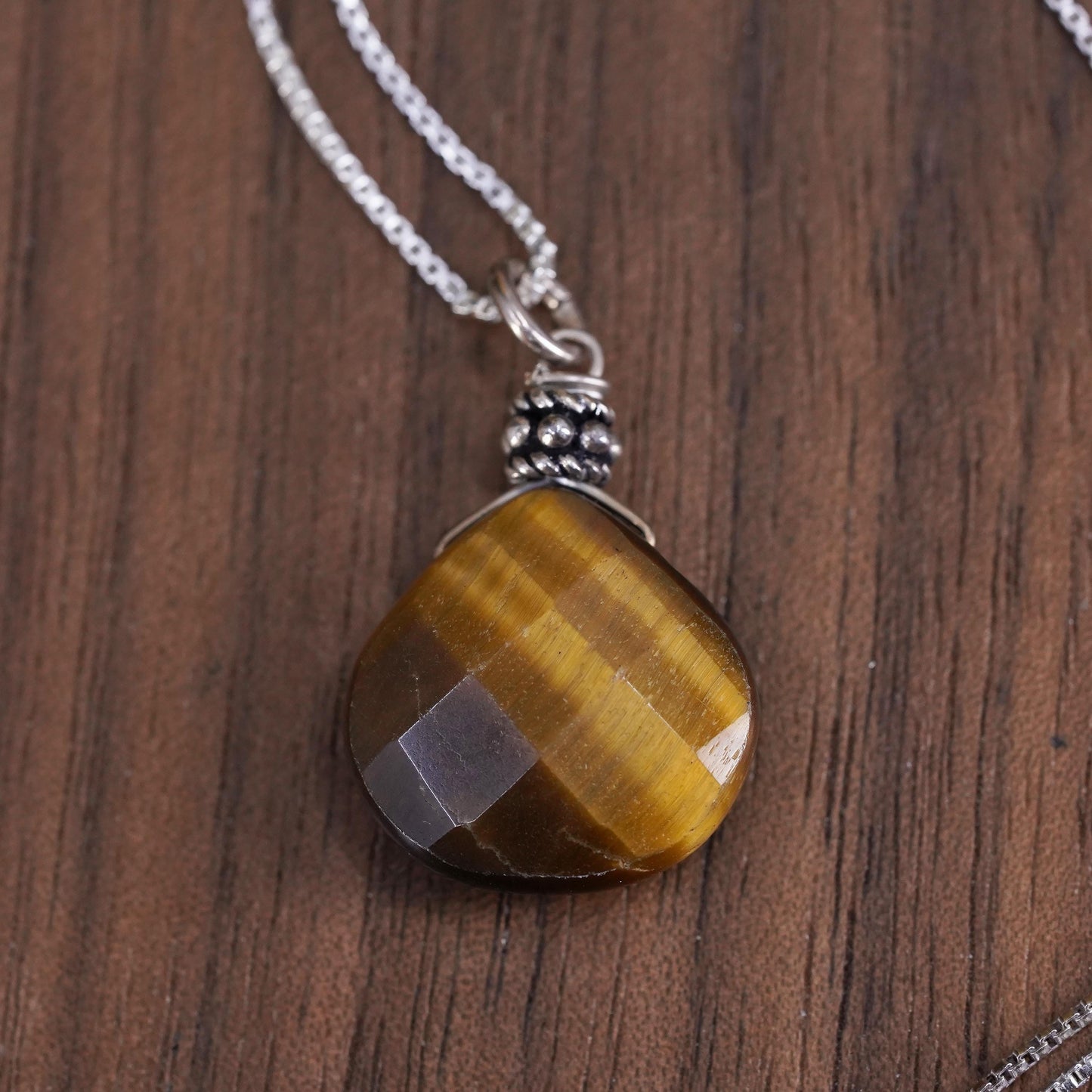 16", vintage Sterling silver box chain necklace 925 golden tiger eye pendant