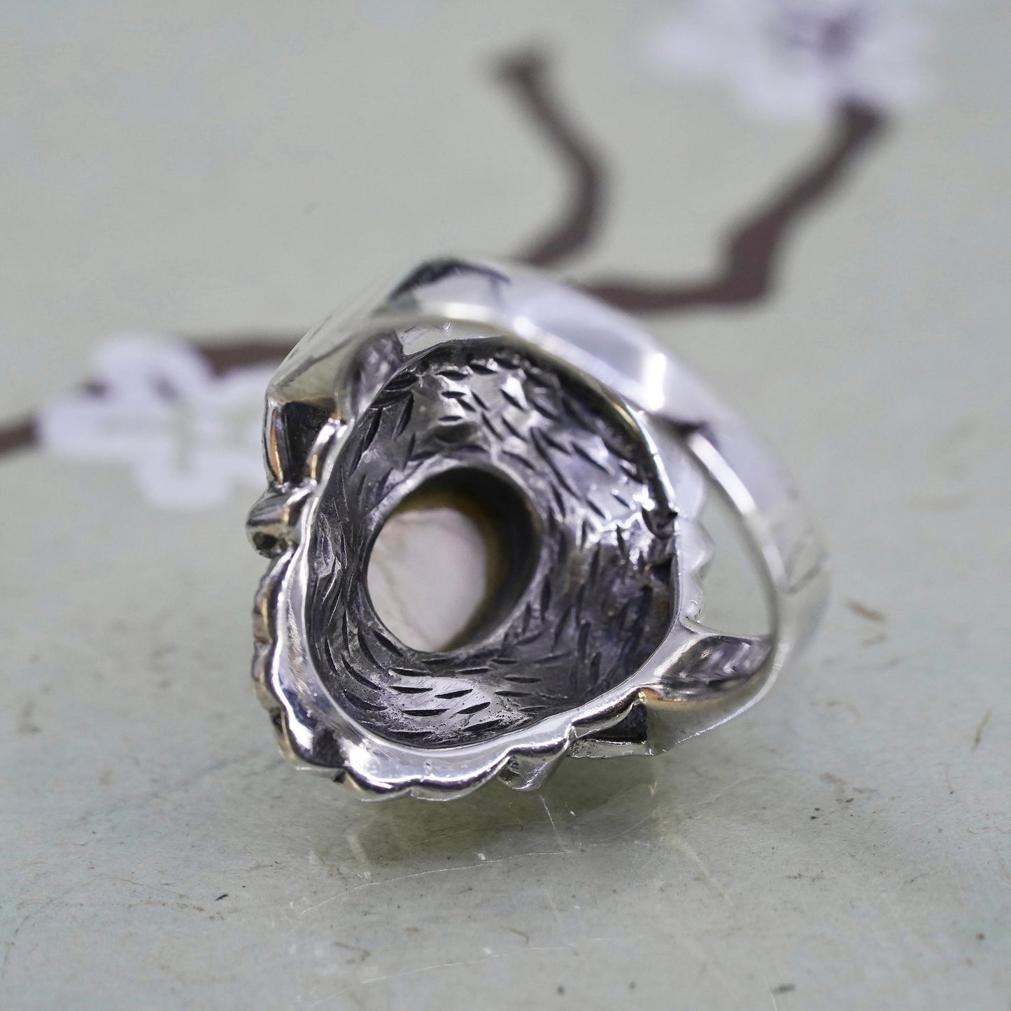 Size 8.25, sterling silver Southwestern 925 ring mother of pearl and marcasite