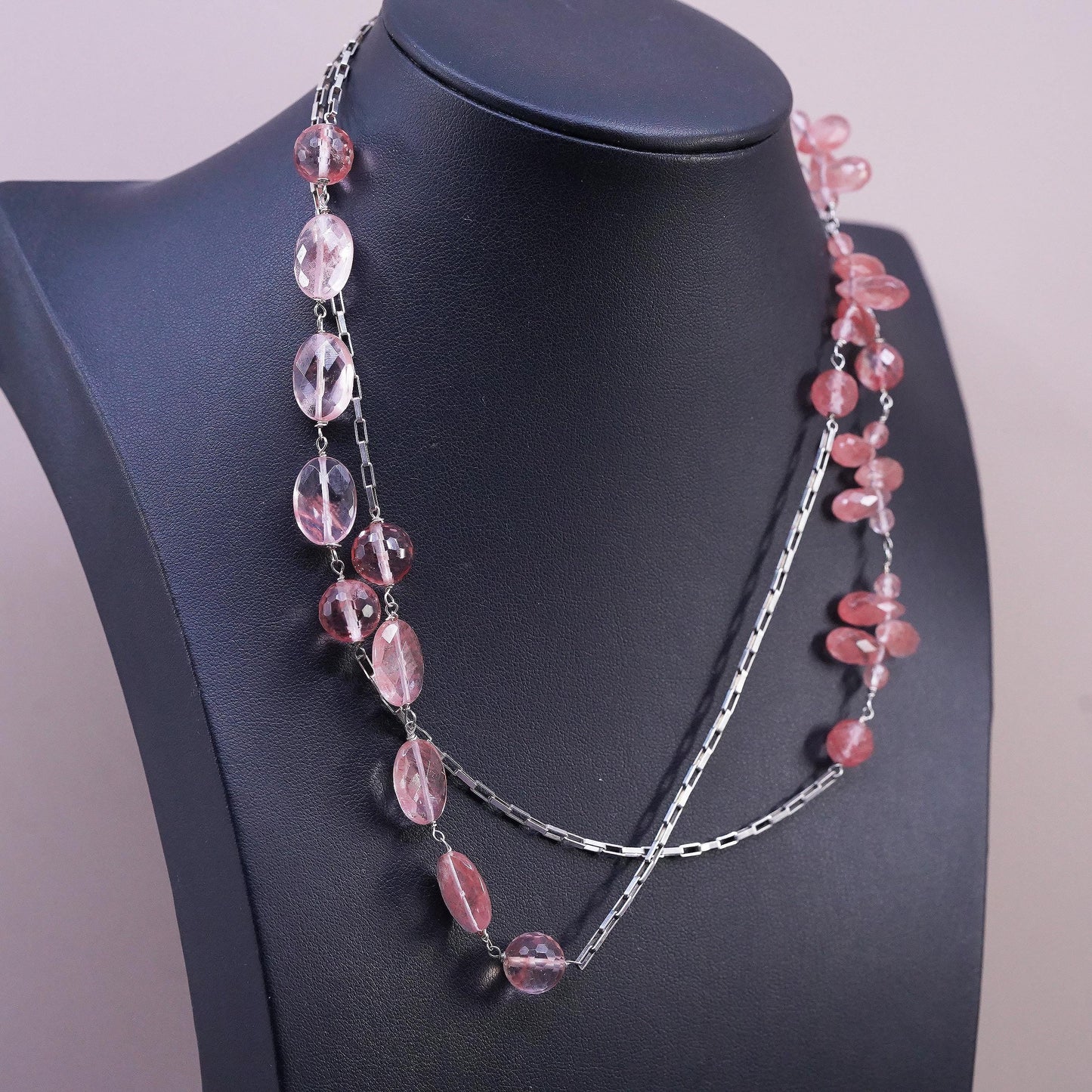 34", Sterling 925 Silver extra long necklace, elongated chain rose pink Quartz