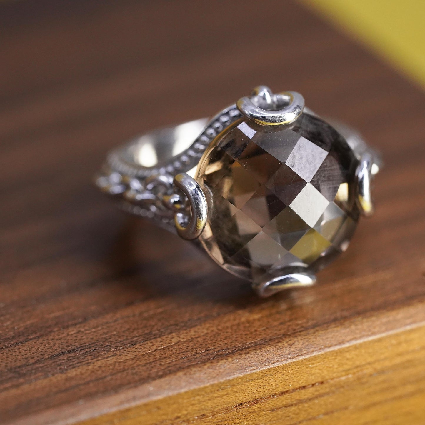 Size 6, vintage Mexican Sterling silver ring dome checkerboard cut smoky topaz