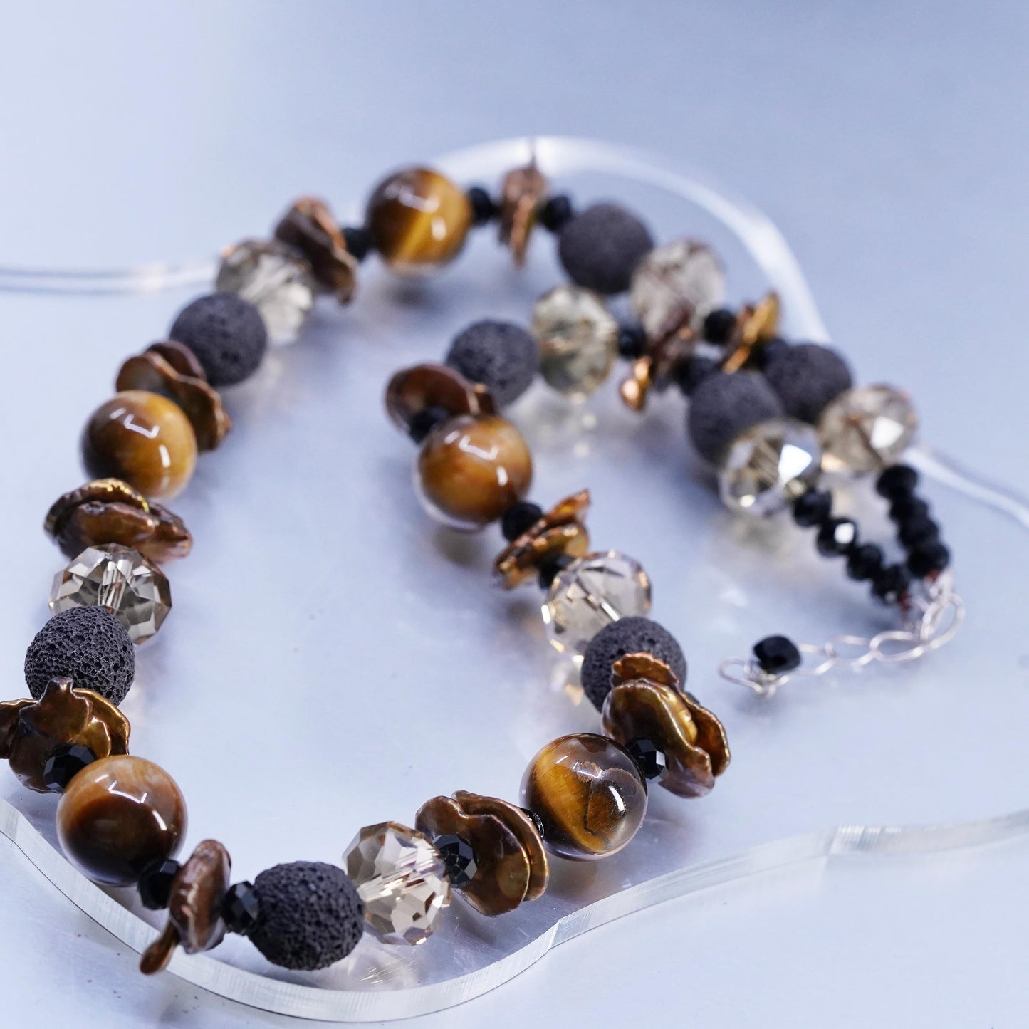 18+1”, Tiger’s Eye, Baroque Pearl sterling silver 925 Necklace Lava Stone Beads