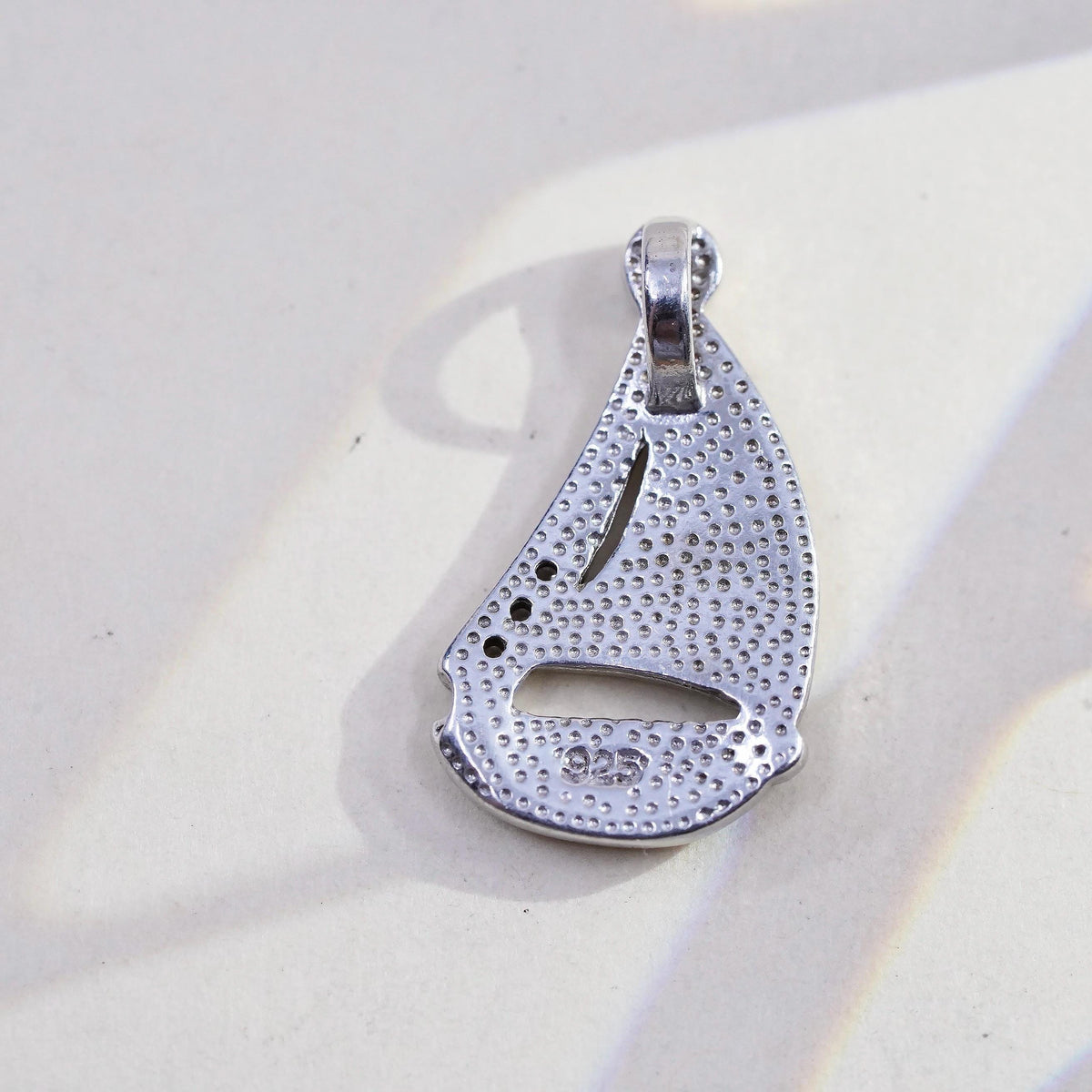 Vintage sterling silver handmade pendant, 925 silver sailing boat opal inlay cz