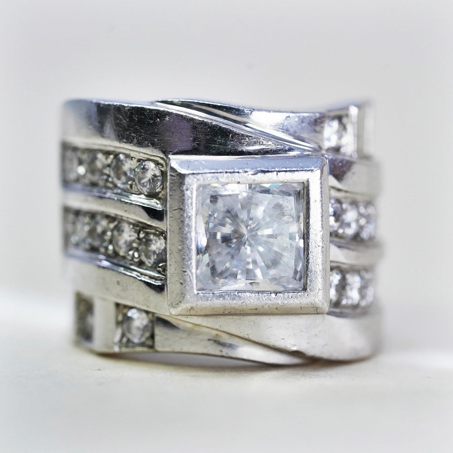 Size 7, Michael Valitutti “NH” 925 Sterling Silver CZ Ring, Wide Ribbed Ring