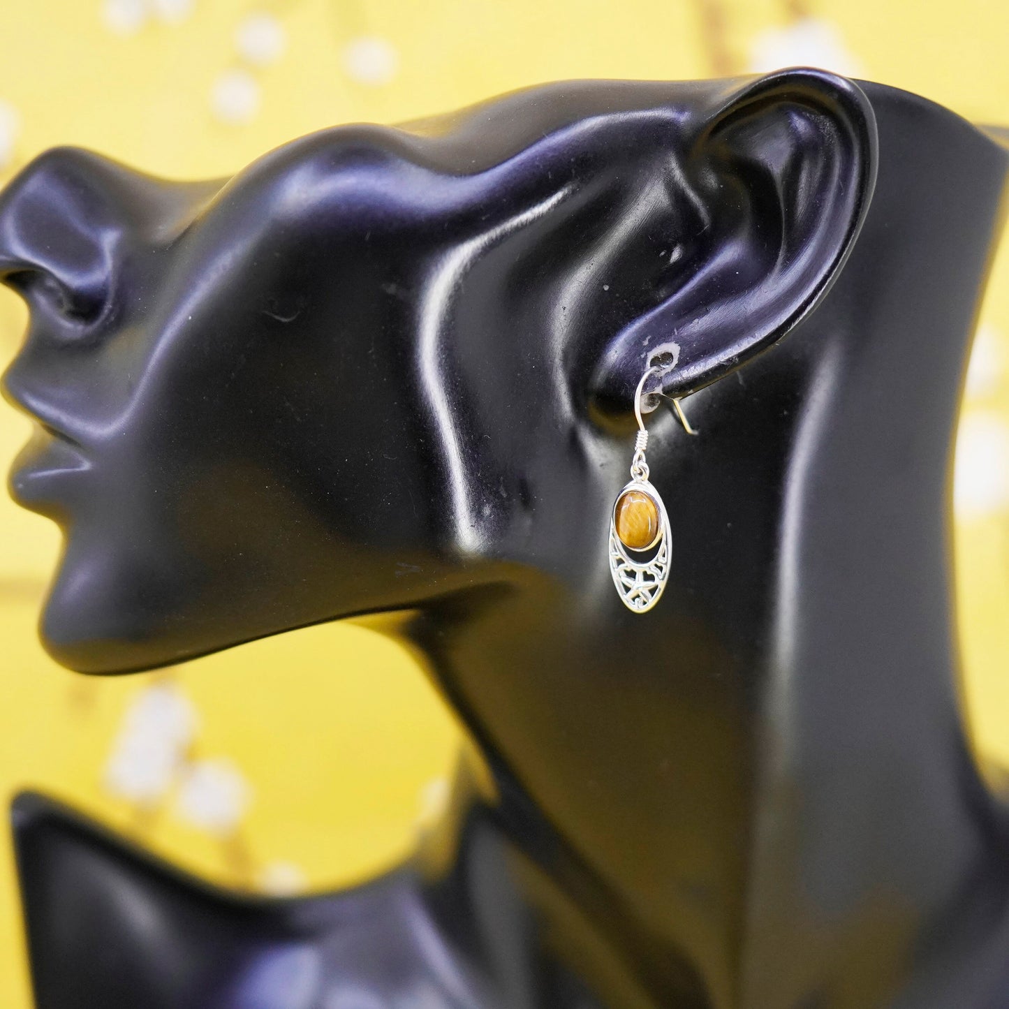 Vintage Sterling 925 silver handmade earrings with golden cat’s eye drops
