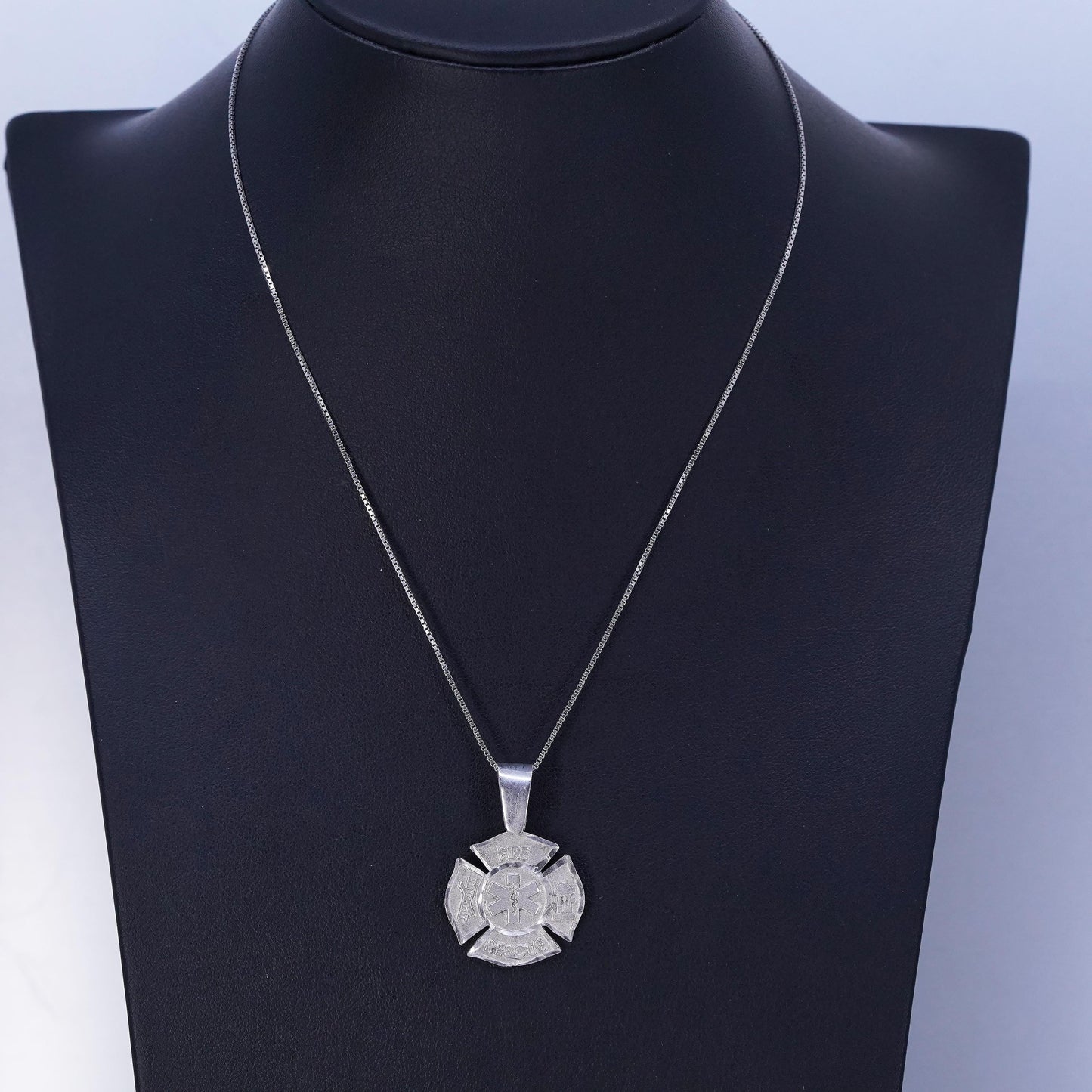 16”, Sterling 925 silver box necklace cross pendant fire rescue The Caduceus