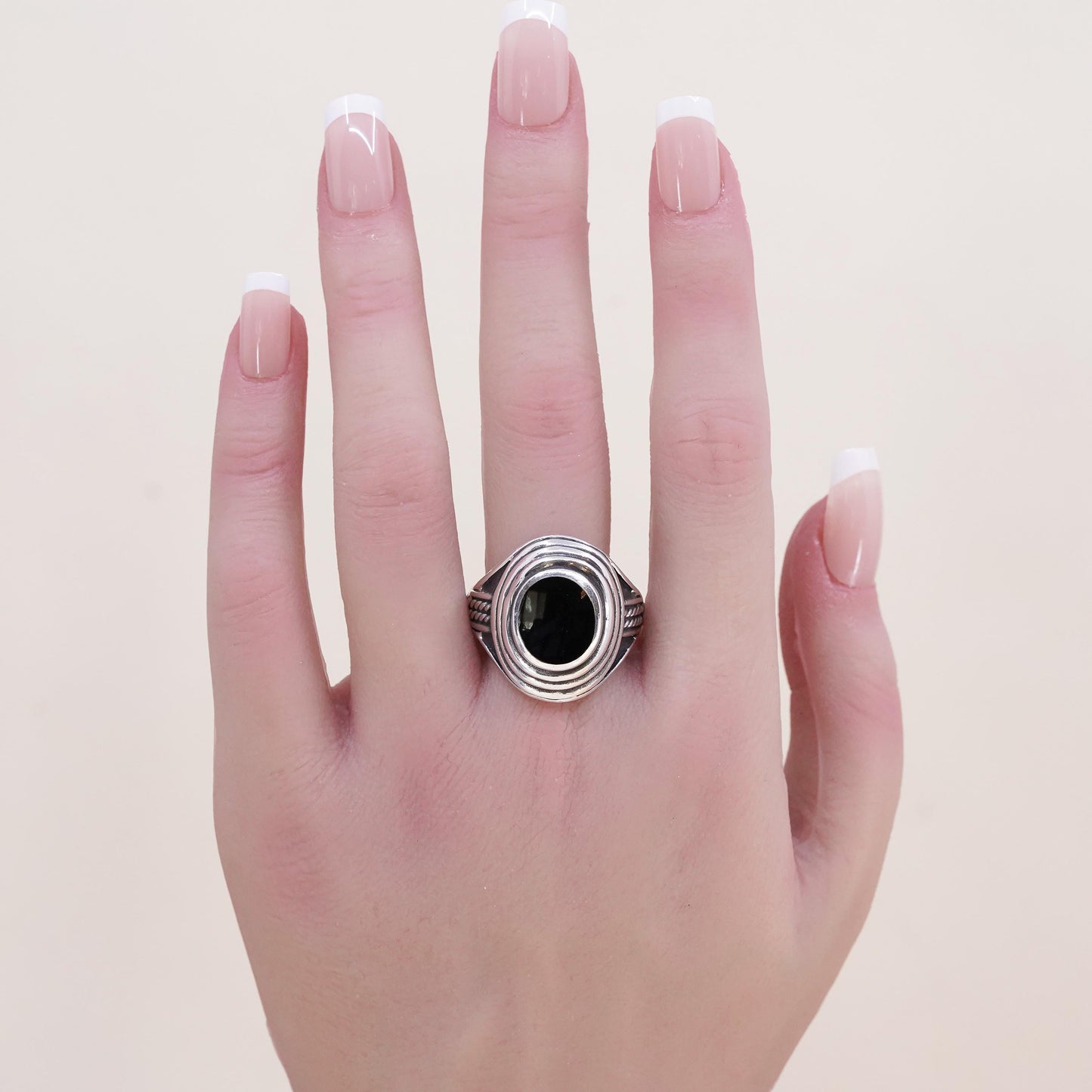 Size 12.25, Vintage sterling 925 silver statement handmade ring with oval onyx