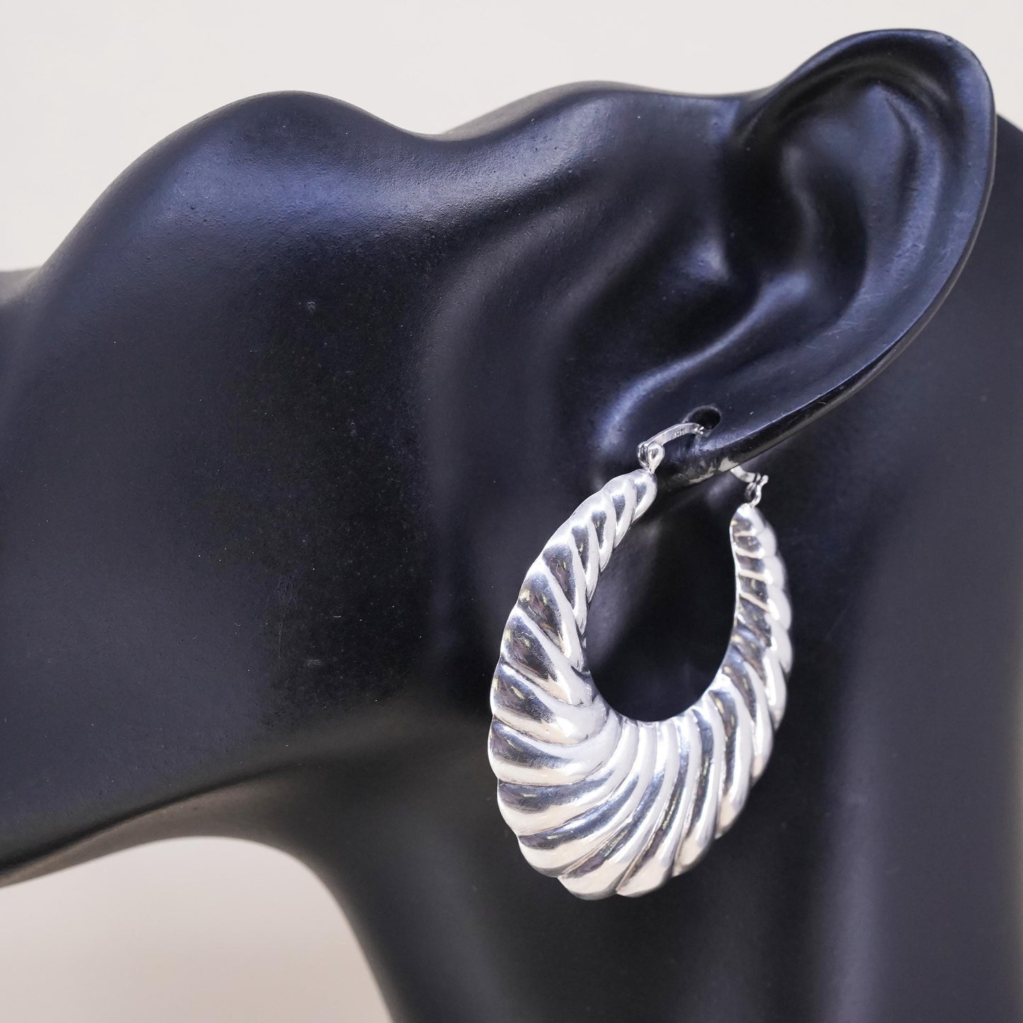 1.75", Vintage sterling silver loop single earring, ribbed primitive hoop
