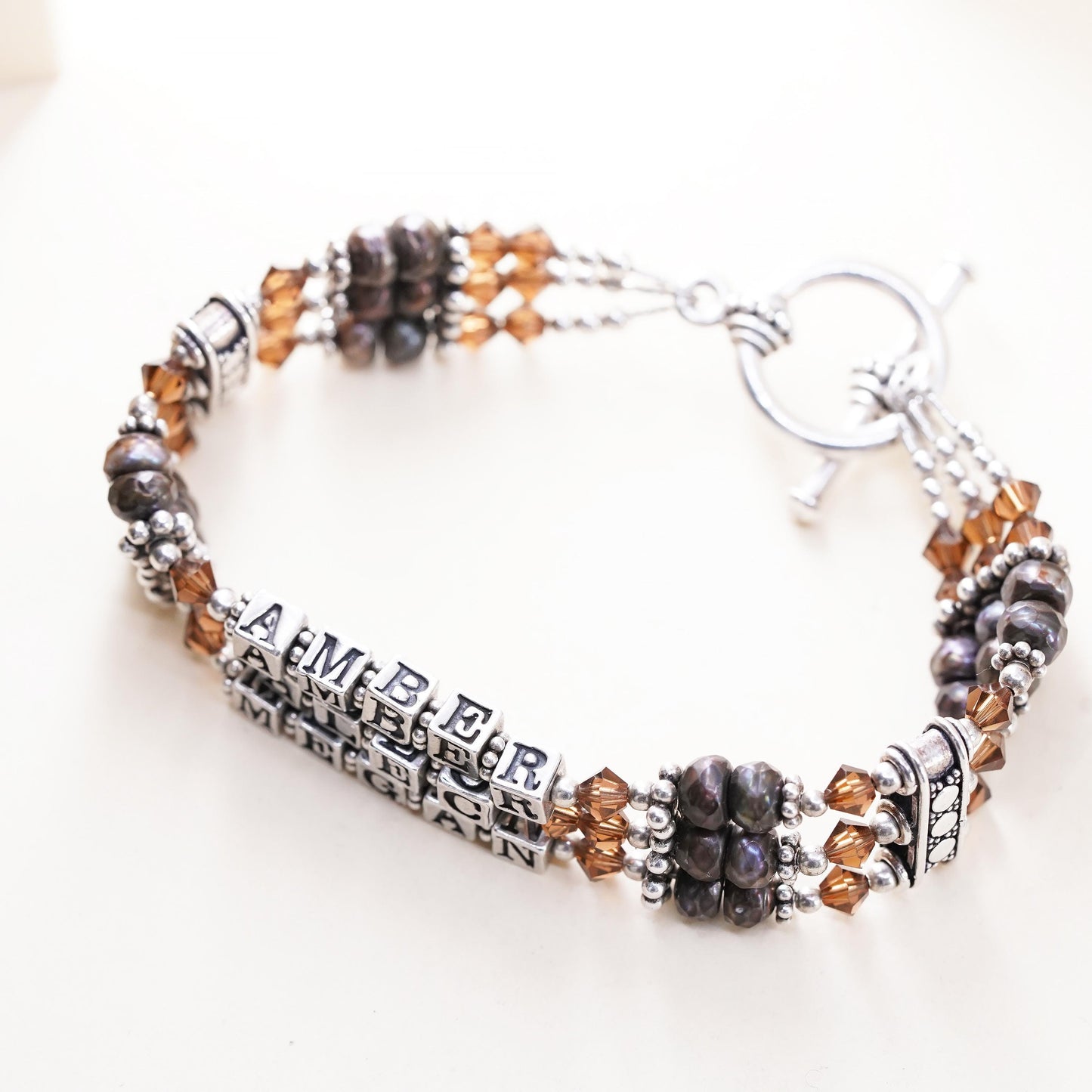 6.5”, sterling silver bracelet multi strands 925 pearl name Amber Alec Megan