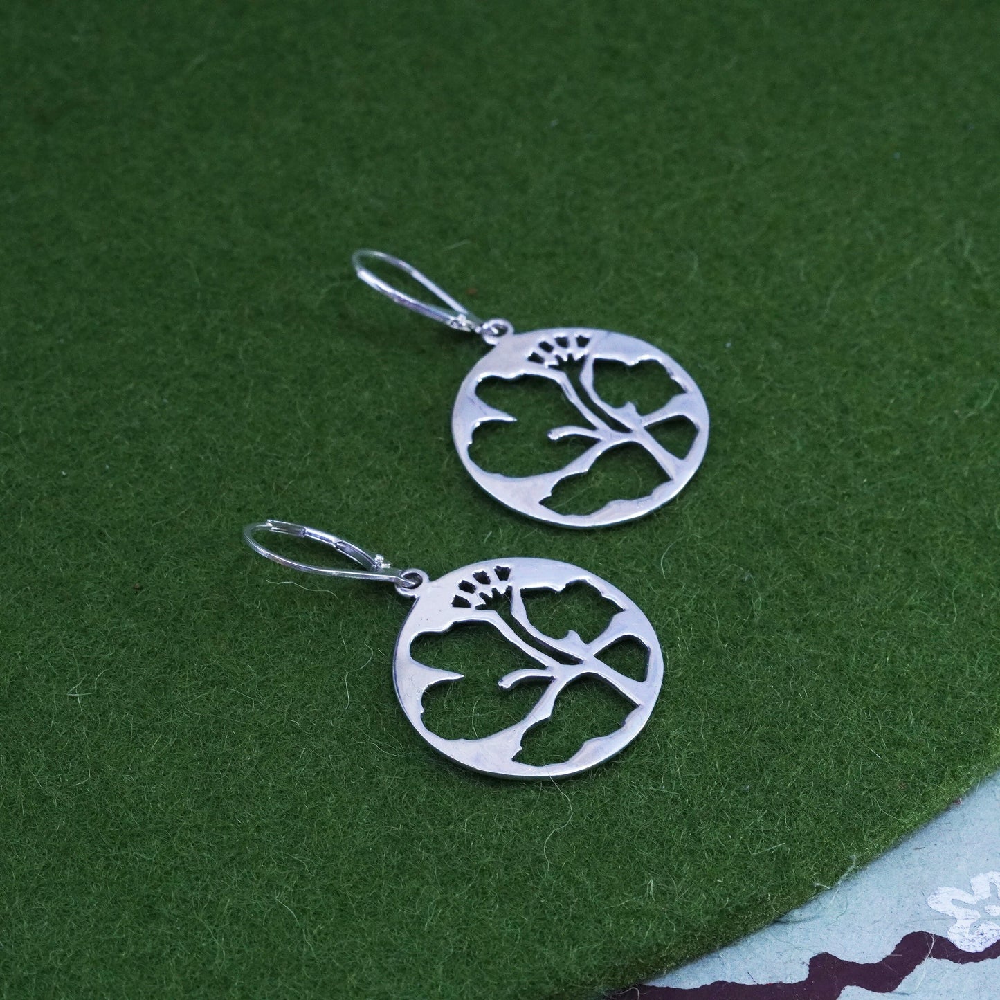 Sterling silver handmade earrings, 925 filigree circle dangles flower cut out