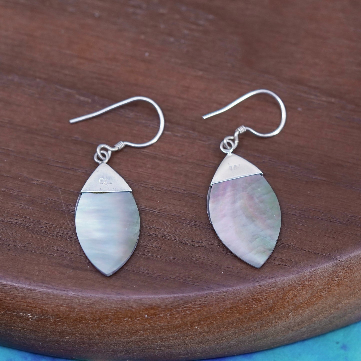 Vintage Sterling 925 silver handmade earrings with Marquise shaped abalone