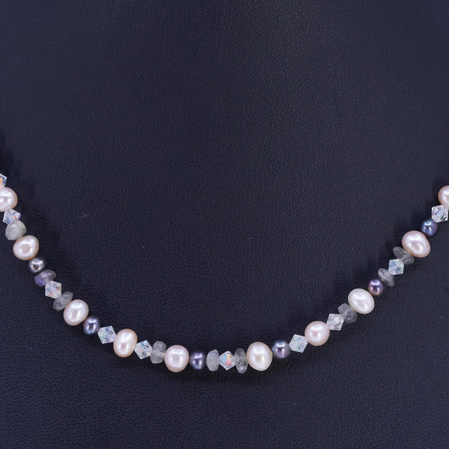 16" Vintage Sterling 925 silver handmade necklace With Pearl, Crystal Beads