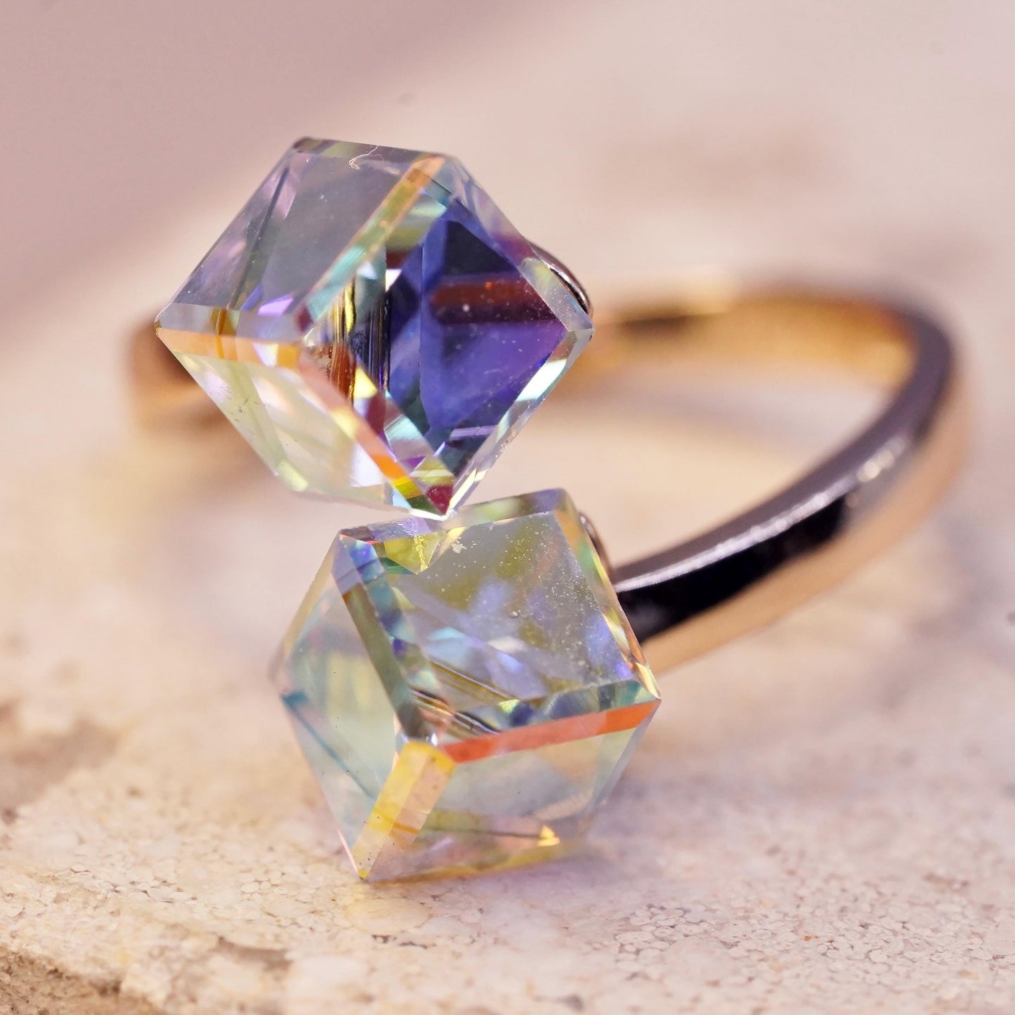 Size adjustable, gold plated sterling 925 silver wrap ring ab crystal cube ends