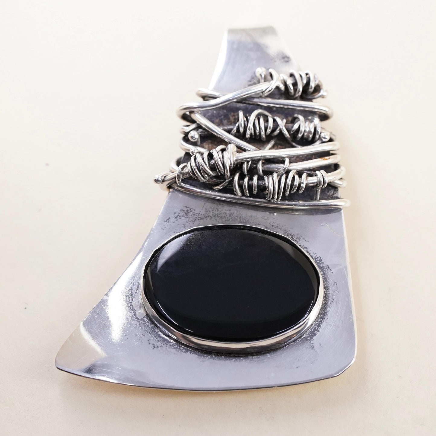 Brutalist Sterling Silver Onyx Brooch, Wire Wrapped Pin, Mid Century Jewelry