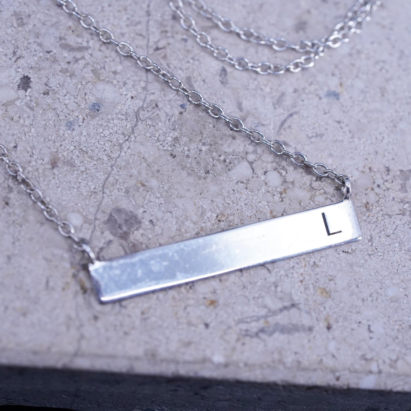 16+2”,, vintage Sterling silver necklace, 925 circle chain bar letter L