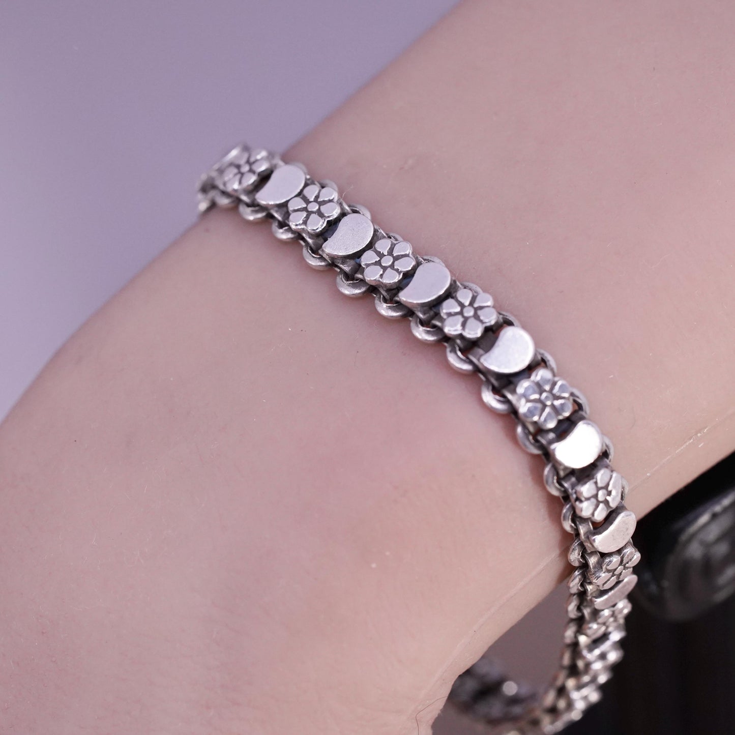 7.25", vintage Sterling silver handmade tennis bracelet, 925 flower links