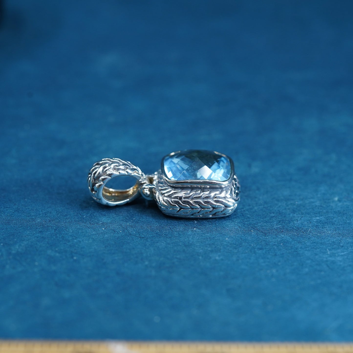 Vintage sterling 925 silver square pendant with checker cut blue topaz