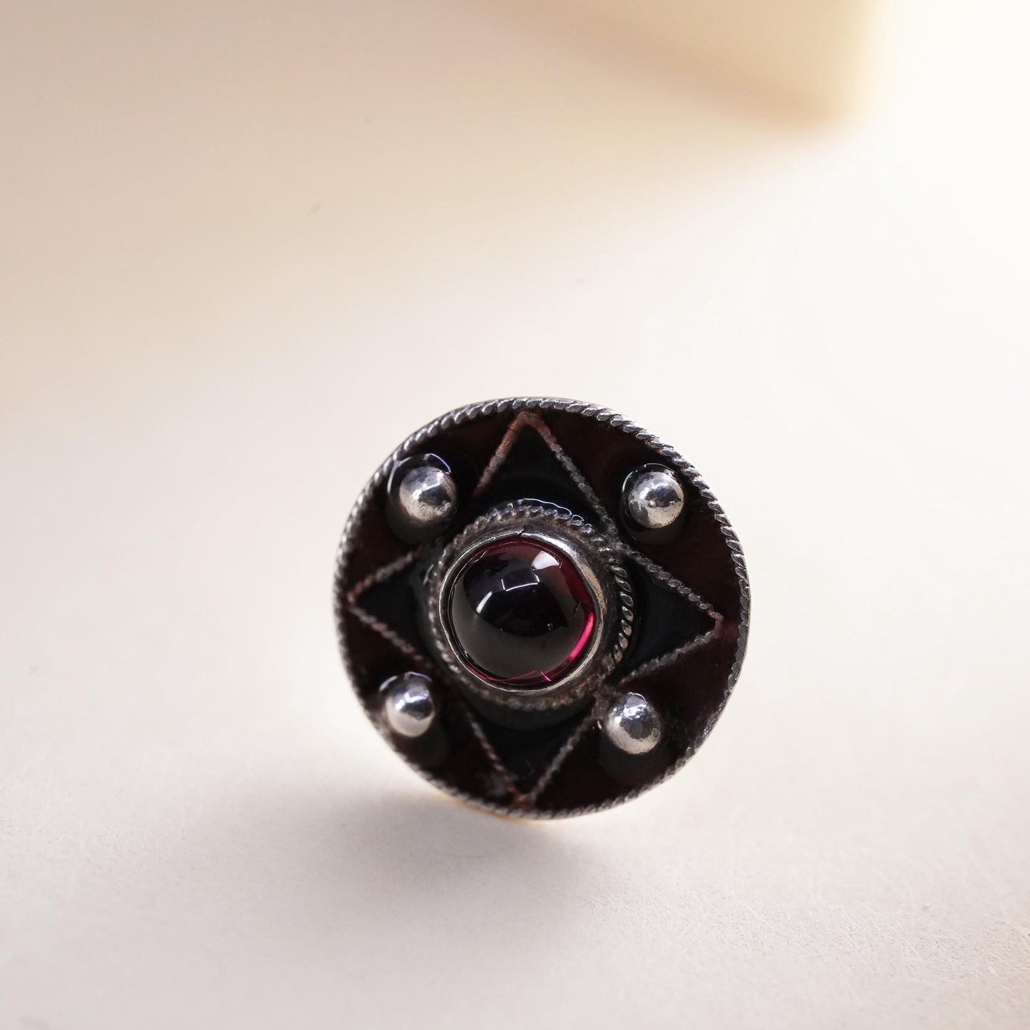 Vintage handmade single earring. Sterling 925 silver stud with garnet
