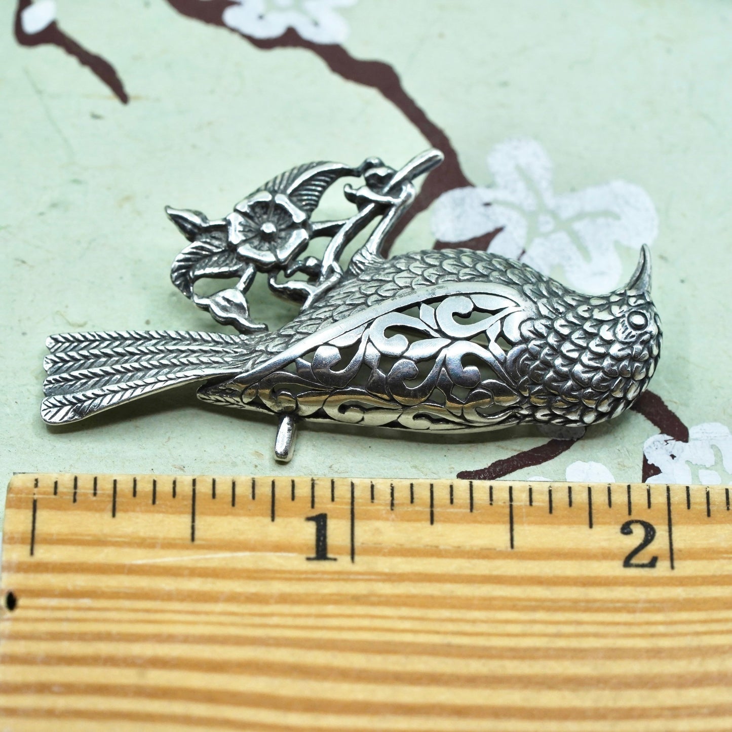 Vintage sterling silver handmade brooch, 925 Jezlaine filigree floral bird pin