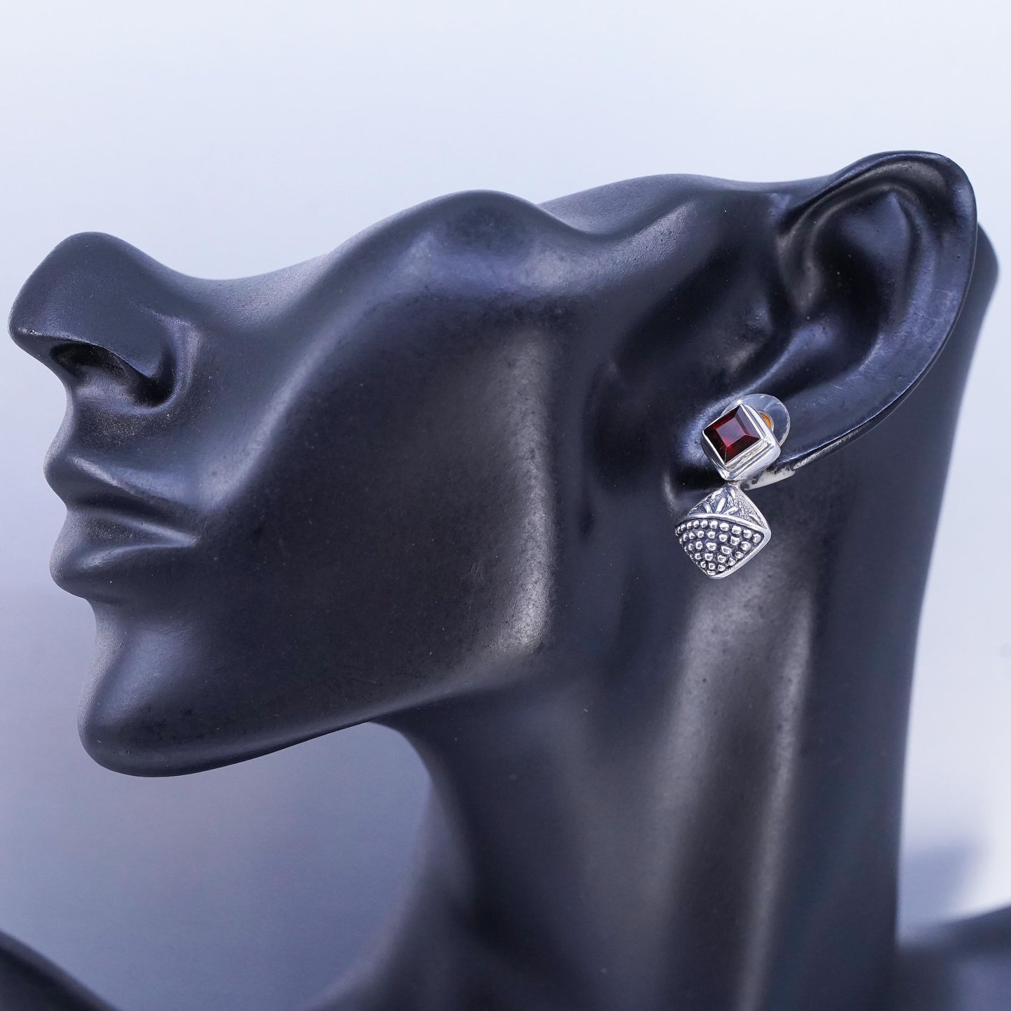 Sterling 925 Silver Garnet Earrings, Geometric Dangle Drops, Balinese Earrings