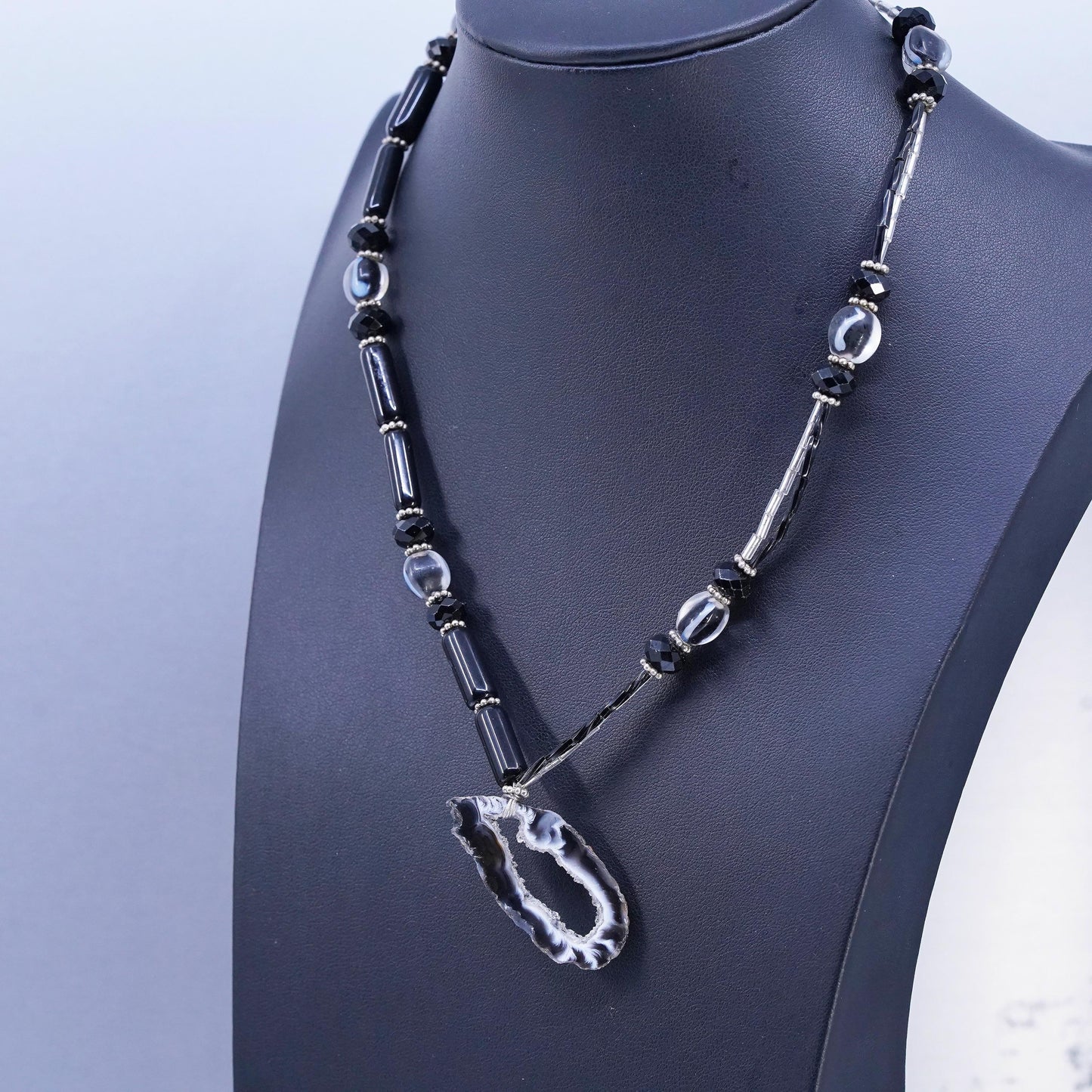 18” Sterling 925 Silver black agate beads necklace with pendant toggle closure