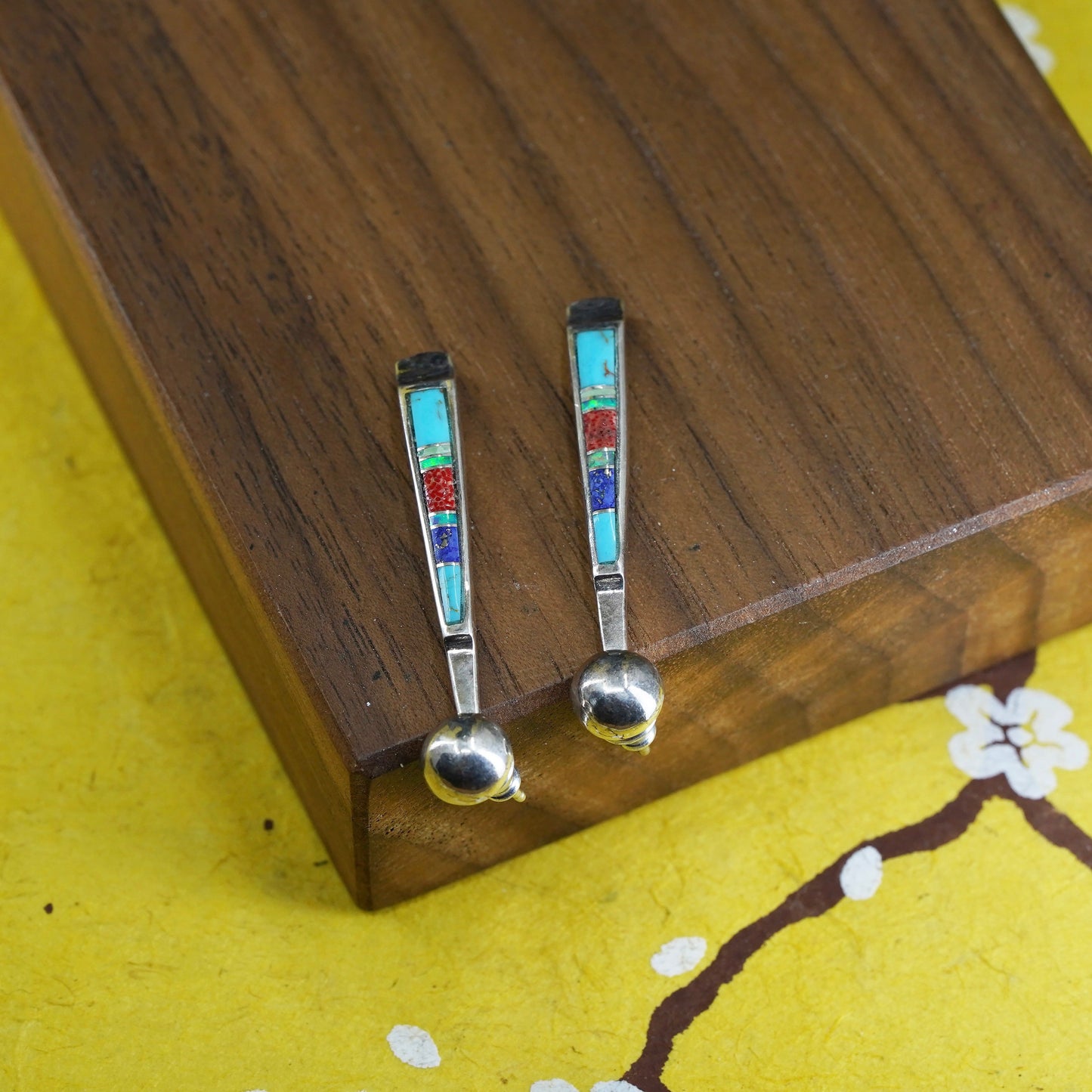 Native American sterling silver earrings, zuni 925 teardrop turquoise opal