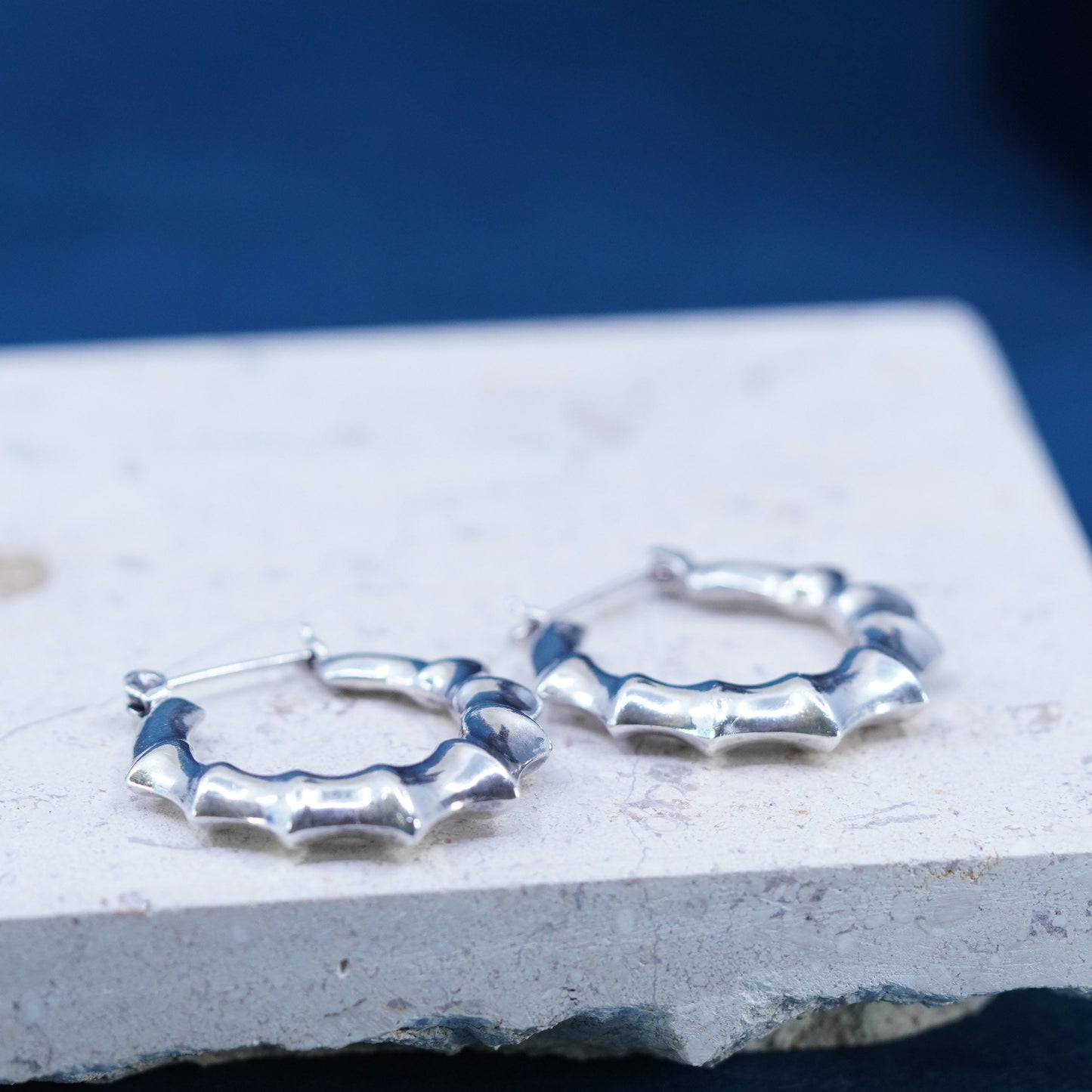 1.25”, Sterling silver handmade hoop earrings, 925 bamboo textured huggie