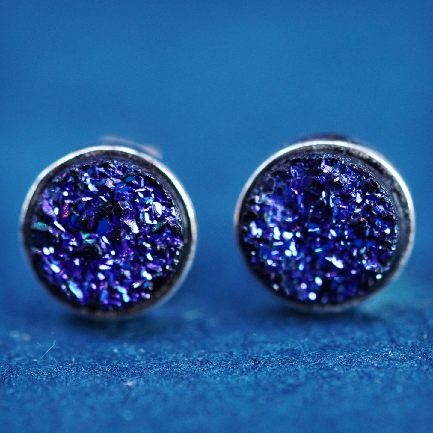 Vintage sterling silver handmade earrings, 925 round studs with purple druzy