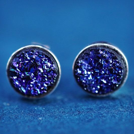 Vintage sterling silver handmade earrings, 925 round studs with purple druzy
