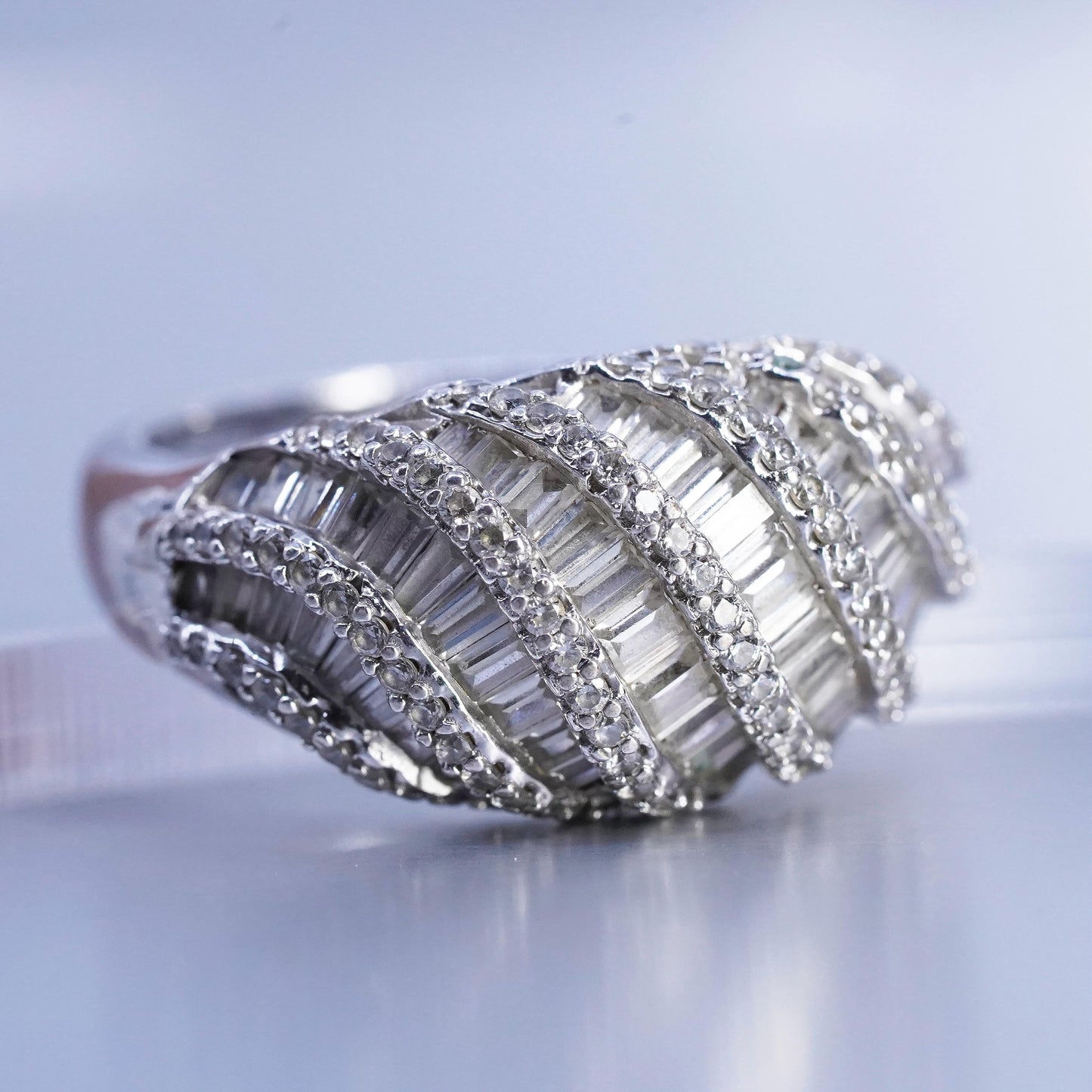Size 9.25, vintage Sterling 925 silver woven ring with cluster diamonique cz