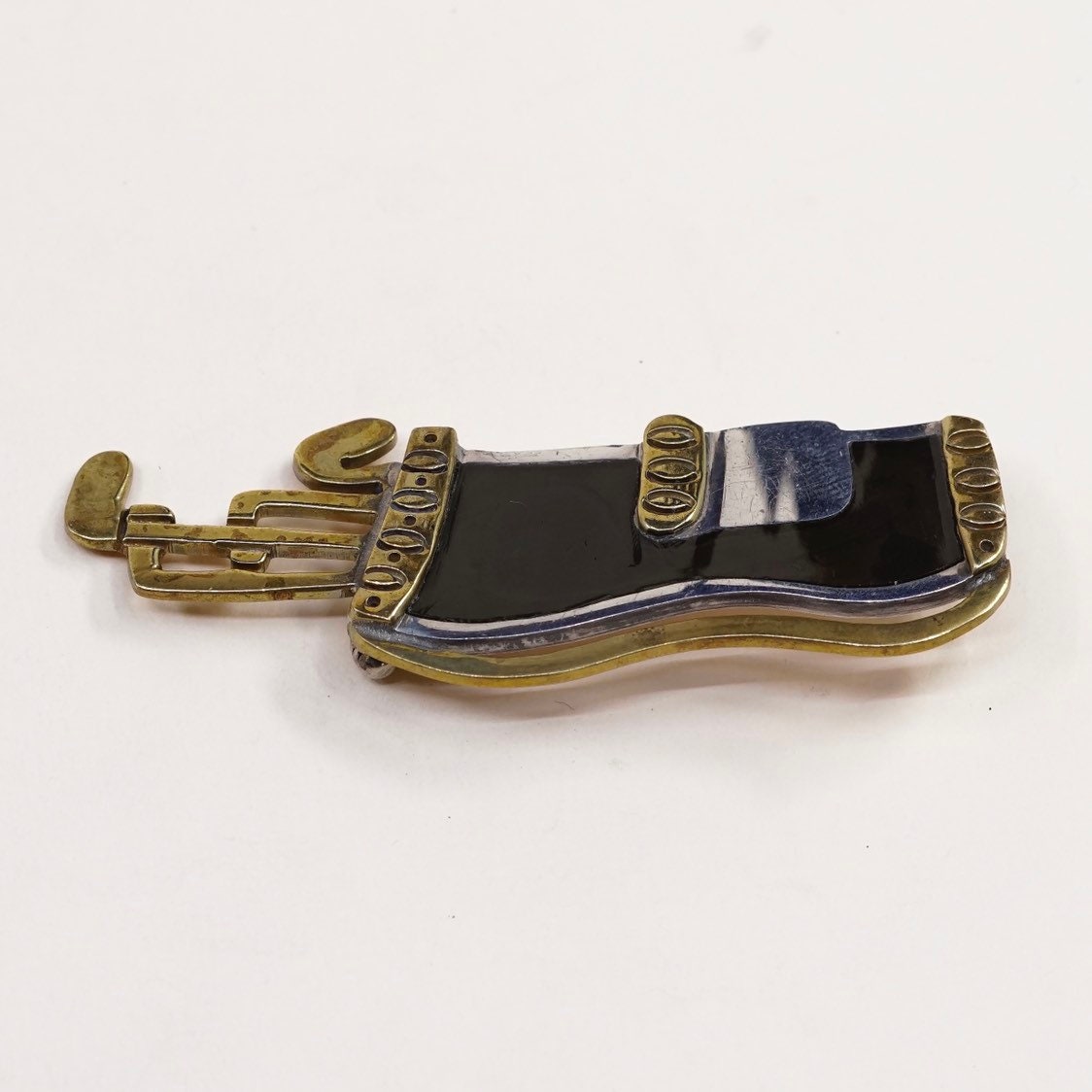 Vintage two tone sterling silver golf cart bag brooch with black enamel Inlay, Mexico 925 silver handmade brooch, stamped Mexico 925