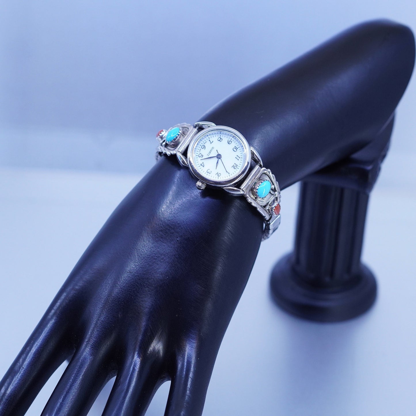 6”, Navajo Richard Begay Quartz Watch Sterling 925 silver turquoise coral Face
