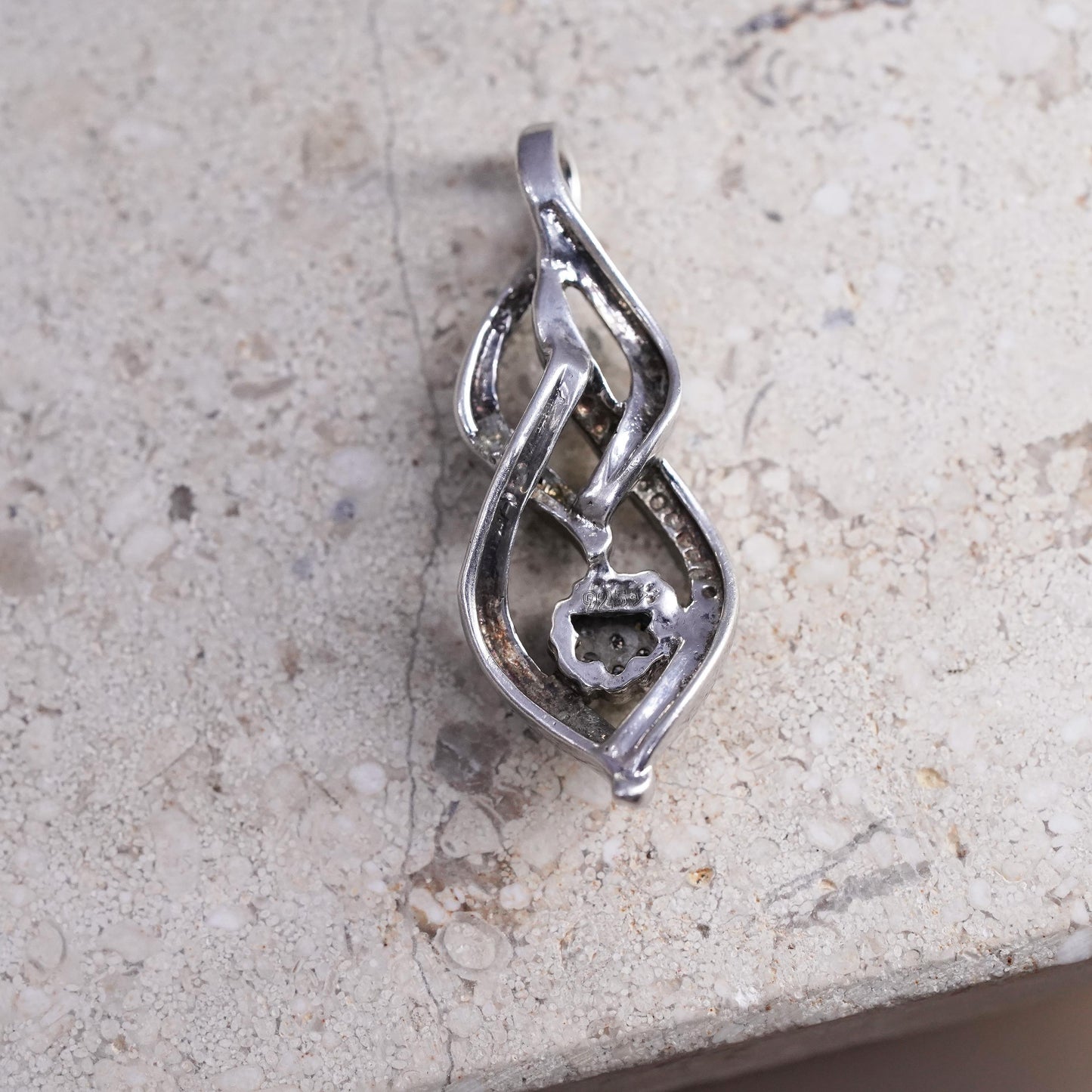 Vintage Sterling silver pendant, 925 entwined teardrop with clear black diamond