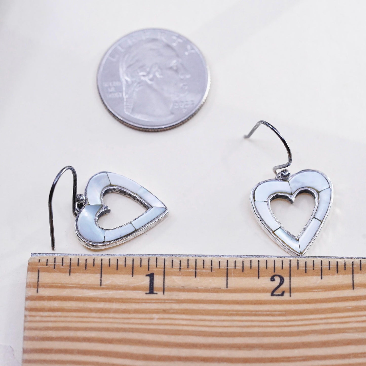 Vintage Peyote Bird sterling 925 silver earrings mother of pearl inlay heart
