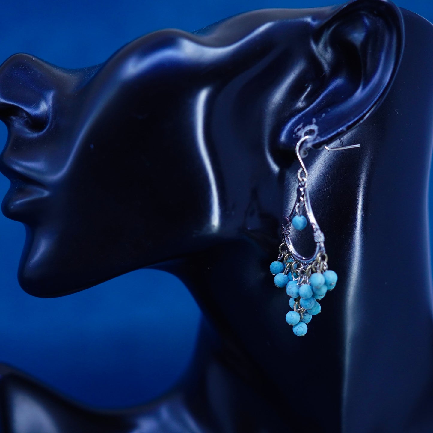 Silver Tone handmade earrings with cluster turquoise beads