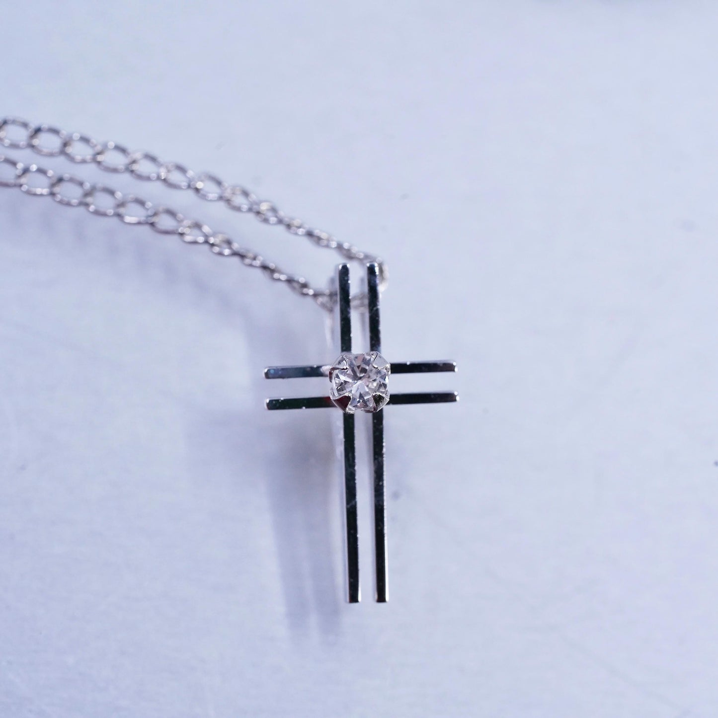 16", vintage Sterling 925 silver handmade curb necklace with cz cross pendant