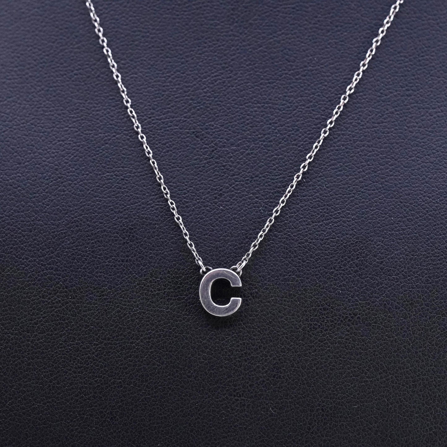 18" 1mm, vintage Sterling silver necklace, 925 circle chain letter C pendant