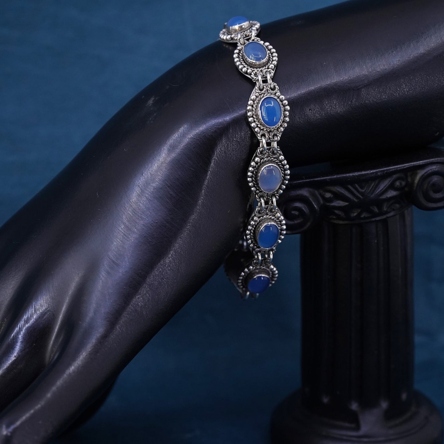 6.75", Sterling silver handmade bracelet, 925 beads links chain blue crystal