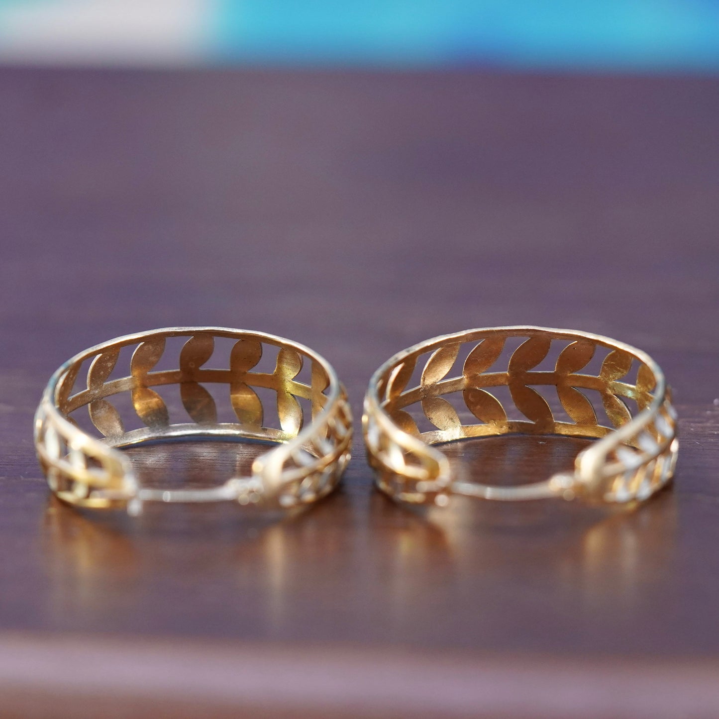 1”, vintage vermeil gold over Sterling silver earrings, 925 leafy hoops
