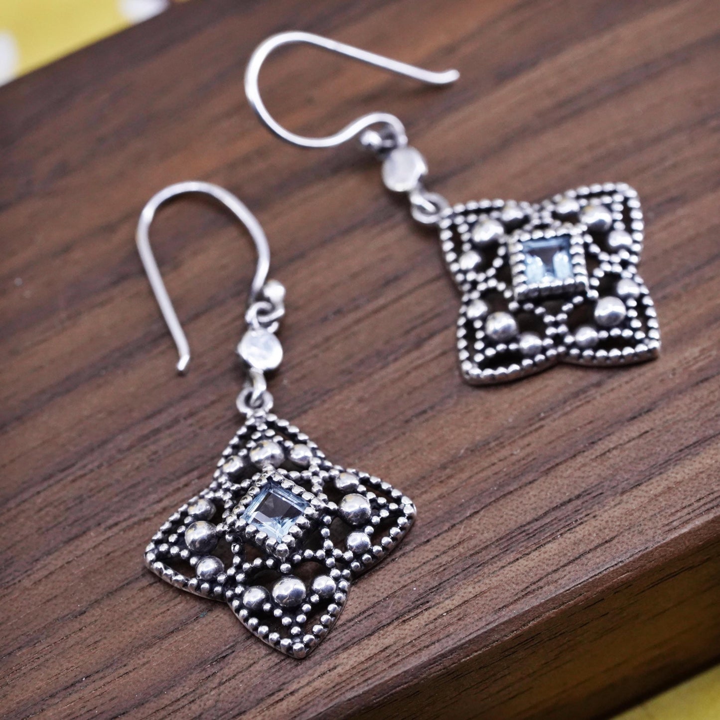 Vintage Sterling silver handmade earrings, 925 beaded dangles with blue topaz