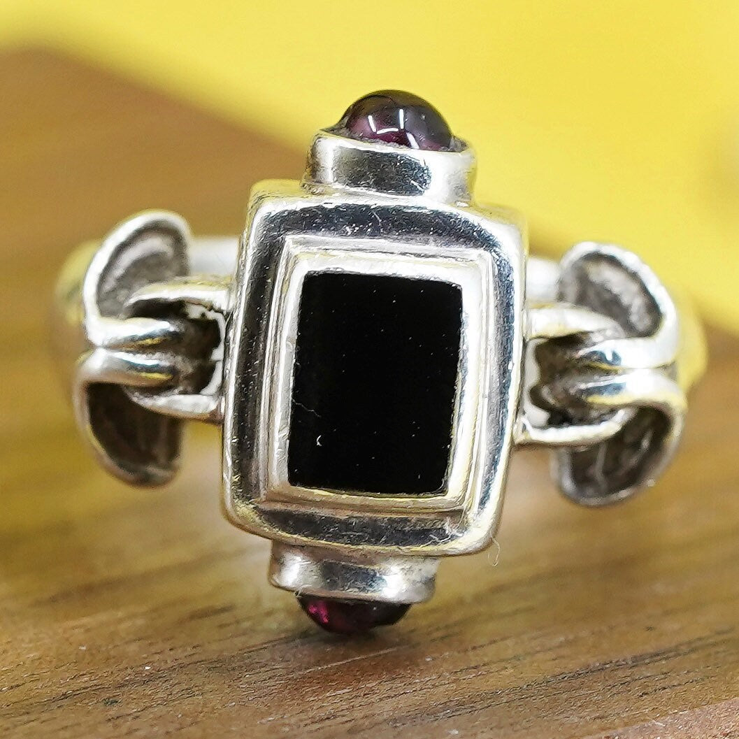 Size 6.25, vtg Mexico Sterling 925 silver handmade ring with onyx and garnet