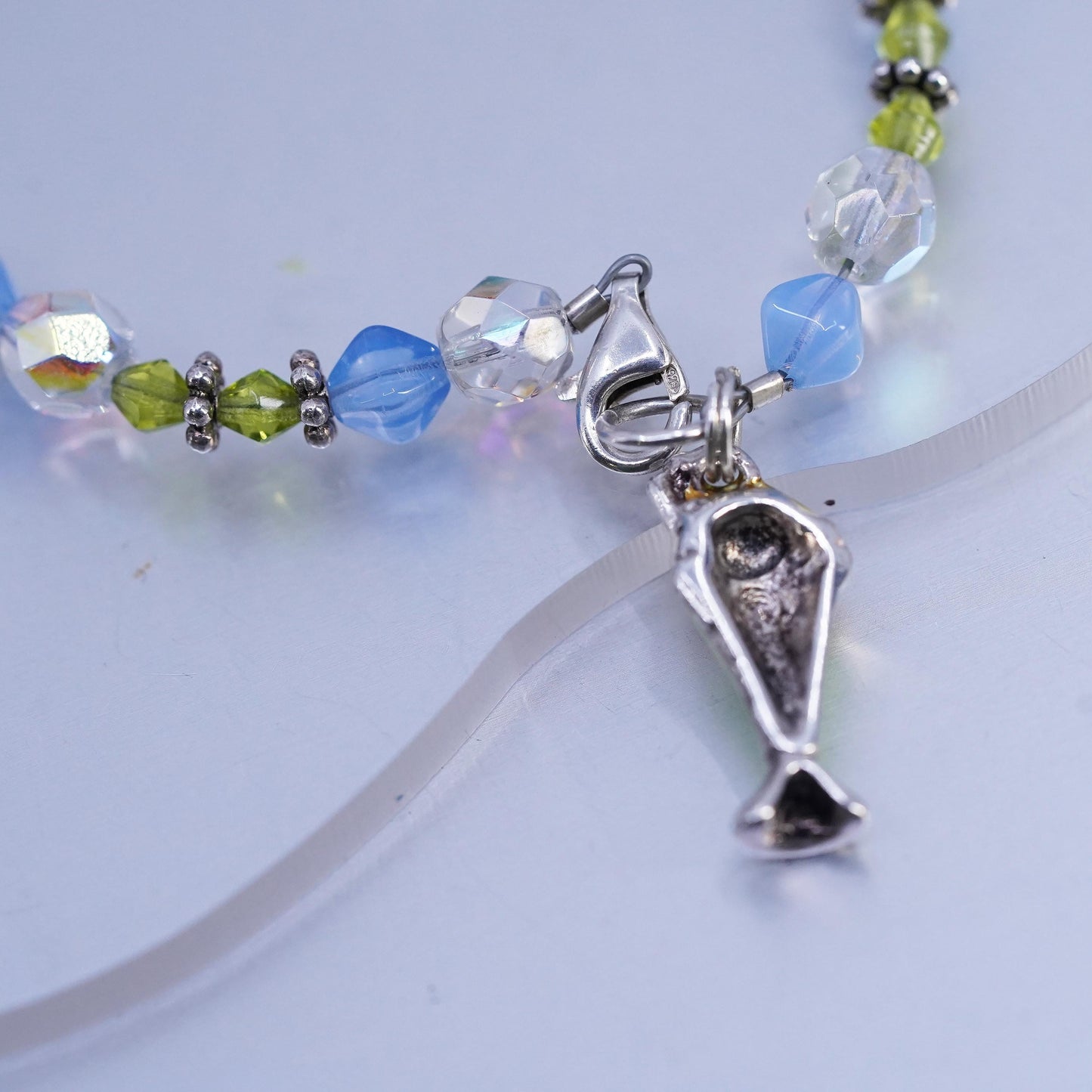8.75", Sterling 925 Silver Bead Bracelet, green crystal chain ice cream charm